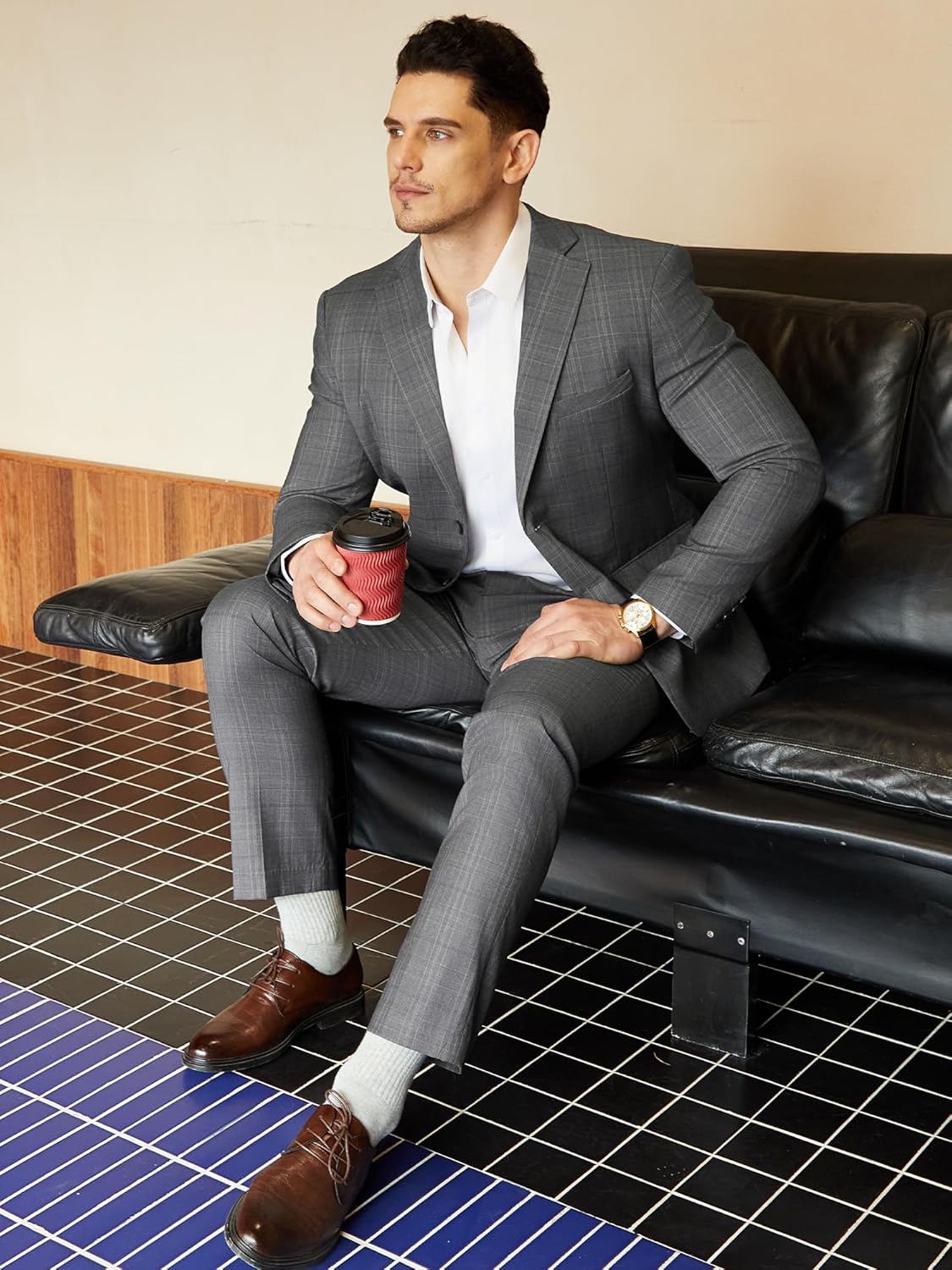 WEEN CHARM Men's 2 Piece Slim Fit Plaid Suit Business Casual Blazer Pants Set for Formal Wedding Prom Office Party - Image 3