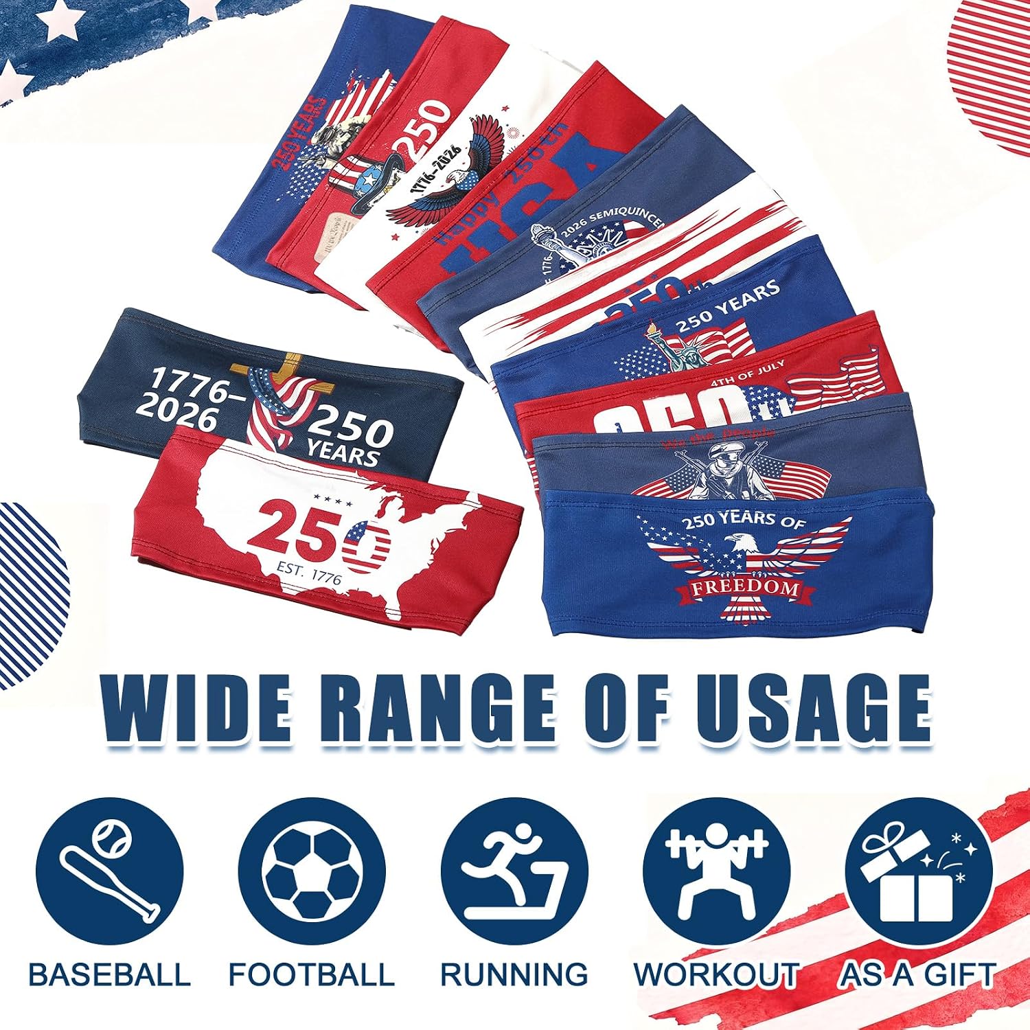 Jecery 24 Pcs 250th Anniversary Headband Bulk USA 4th of July Patriotic Sweatband 250 Anniversary Merchandise 1776-2026 Red White and Blue Independence Day Party Favor for Men Sport Running Team Gift