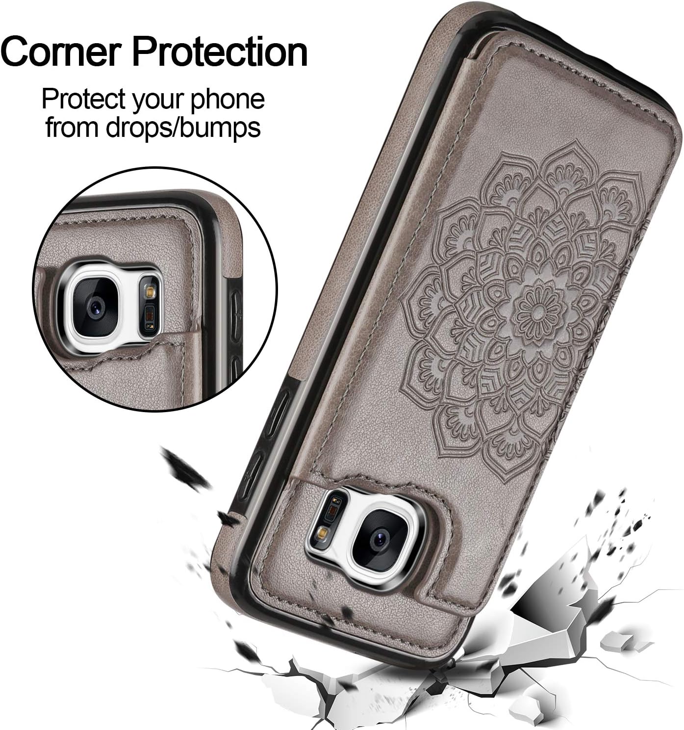 HianDier Wallet Case for Galaxy S7, Slim Protective Case with Credit Card Slot Holder Flip Folio Soft PU Leather Magnetic Closure Cover Case Compatible with Samsung Galaxy S7, Mandala Gray