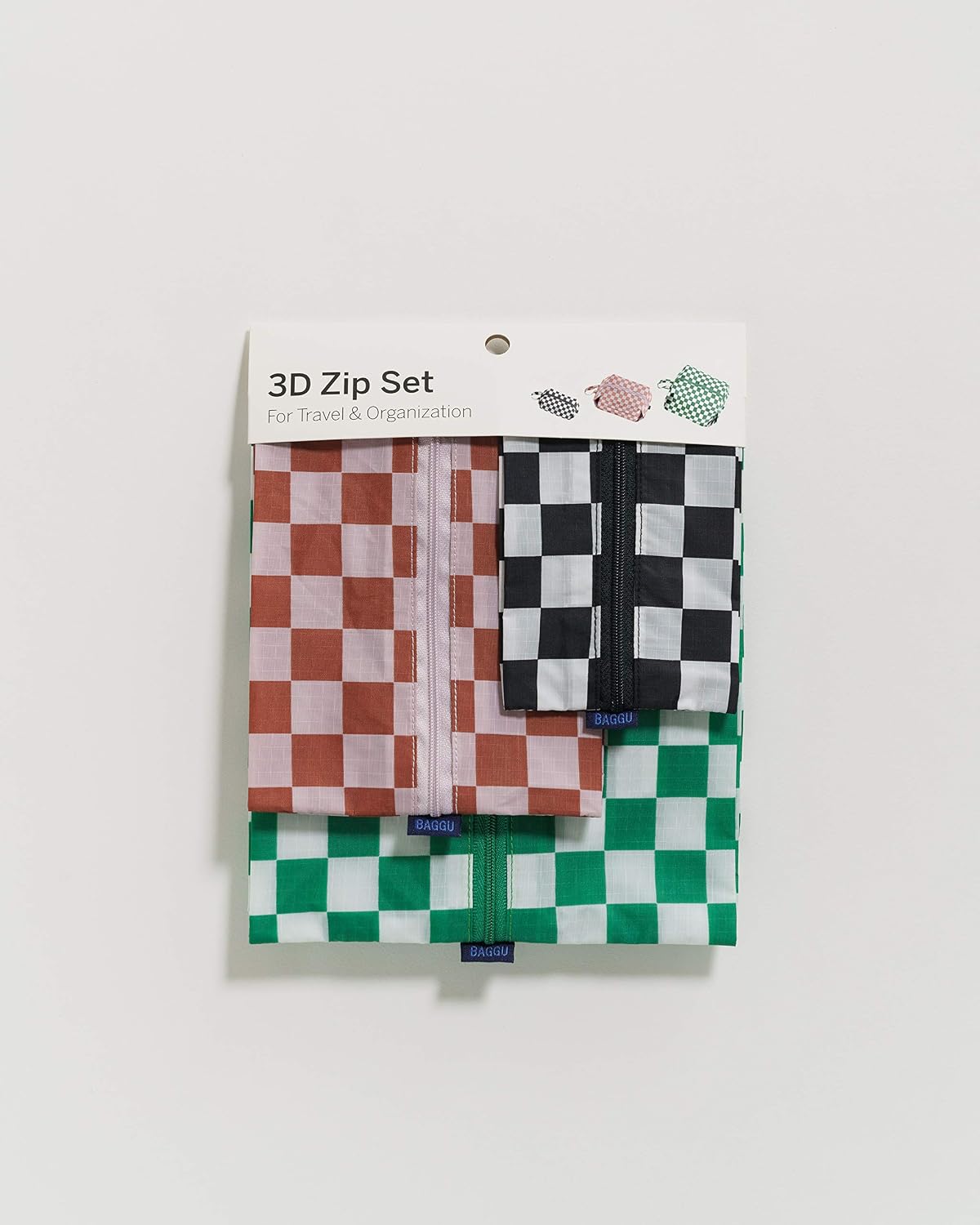 BAGGU 3D Zip Set, Expandable Nylon Zip Pouch 3 Pack For Travel And Organization, Checkerboard