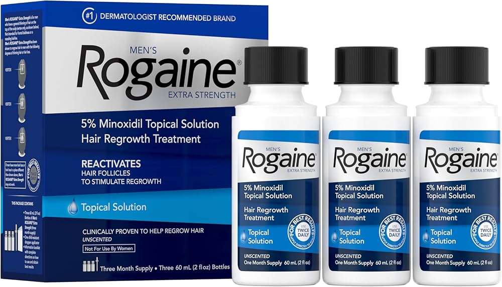Amazon.com : Men's Rogaine Extra Strength 5% Minoxidil, Topical Solution for Thinning & Hair Loss, Clinically Proven FDA Approved Minoxidil for Men Treatment, Regrow Fuller Hair, 3 Month Supply, 3 Bottles :