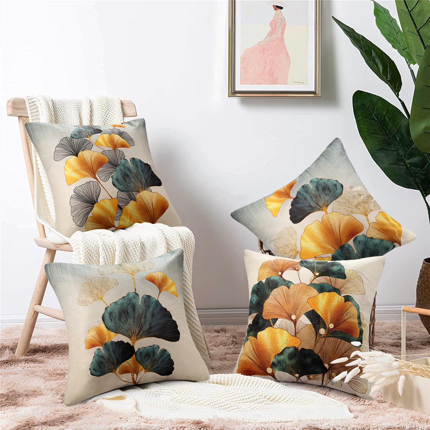 Fodera per Cuscini 40x40 Lino Ottanio oro Ginkgo Decor Federe Cuscini Divano Federe Copricuscini per Cortile Esterno Giardino Patio Letto Soggiorno Balcone Giungla Decorazione Rustica Set di 4