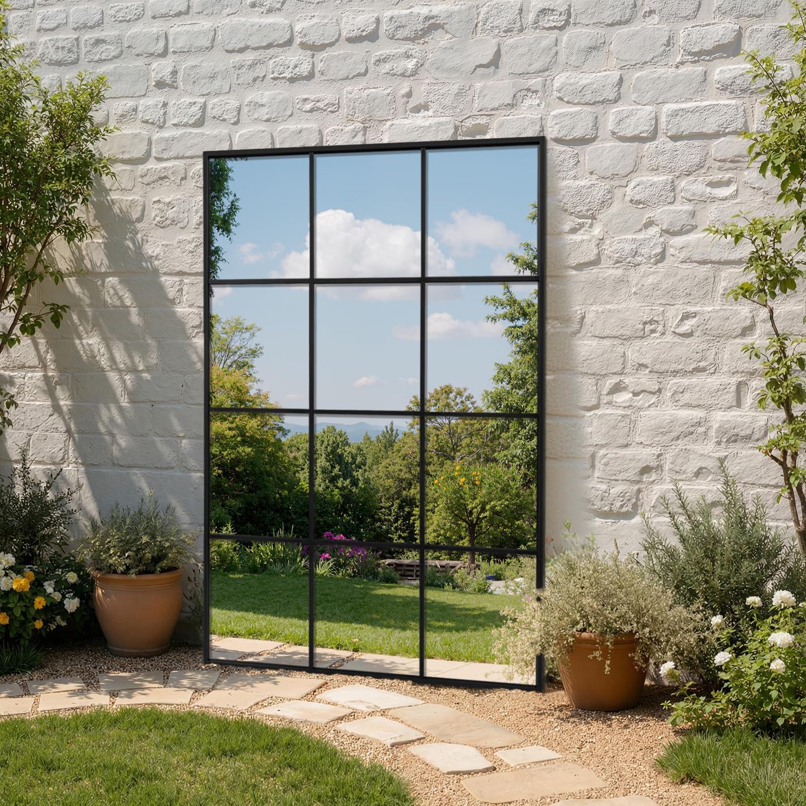 Reflix Miroir de jardin extérieur, 120 x 75 cm, miroirs muraux pour décoration, miroir de fenêtre avec cadre en aluminium pour couloir, salon, chambre à coucher, entrée, noir