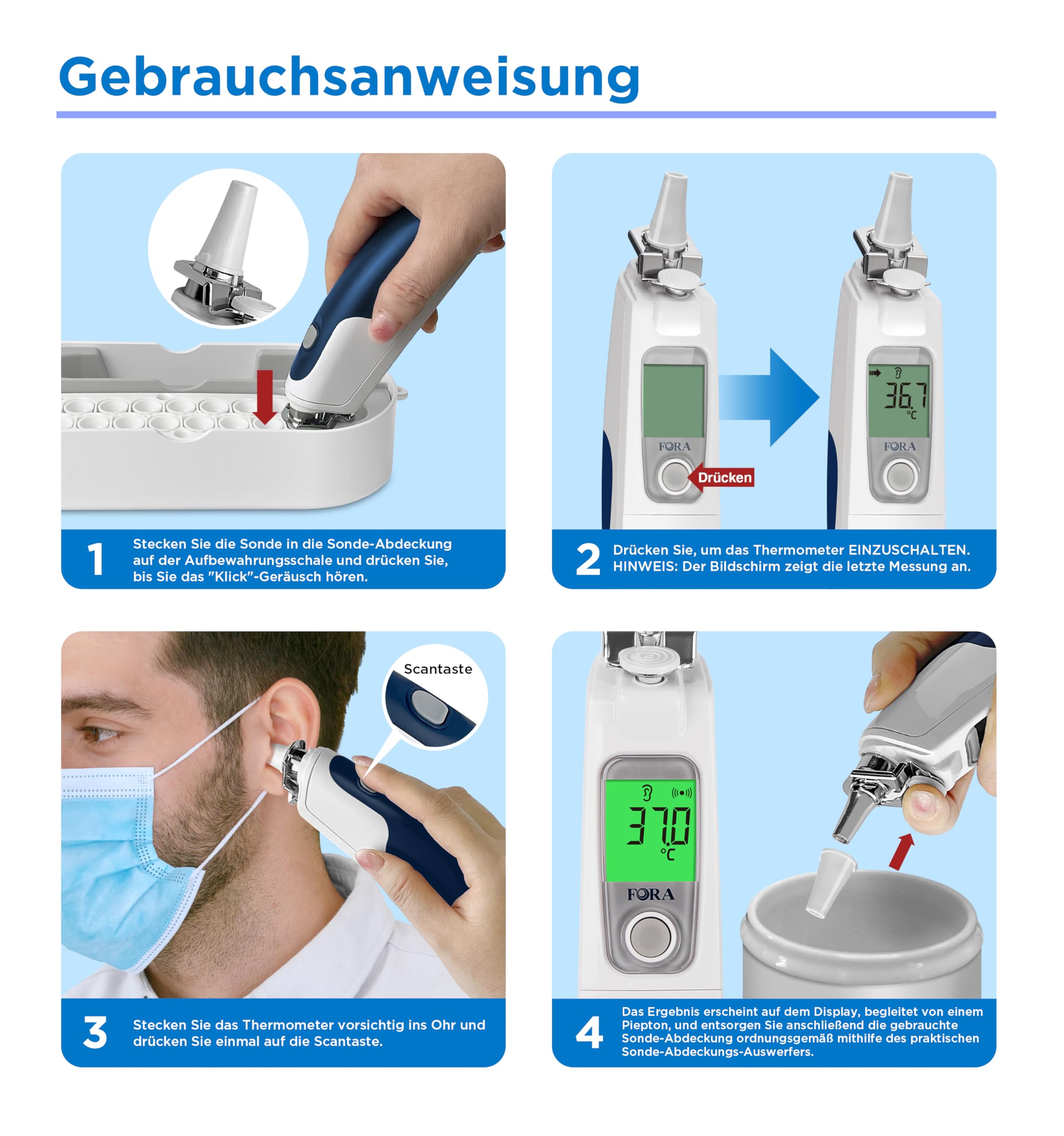 FORA IR20B Ohrthermometer mit bluetooth in medizinischer Qualität mit 16 Einmal-Schutzkappen, kleiner Eisenkopf- langlebig, Einfach zu säubern | Digitales Infrarot-Fieberthermometer mit Bluetooth, Aufbewahrungsstation, Auswurftaste, Farbanzeige und 10 Spe