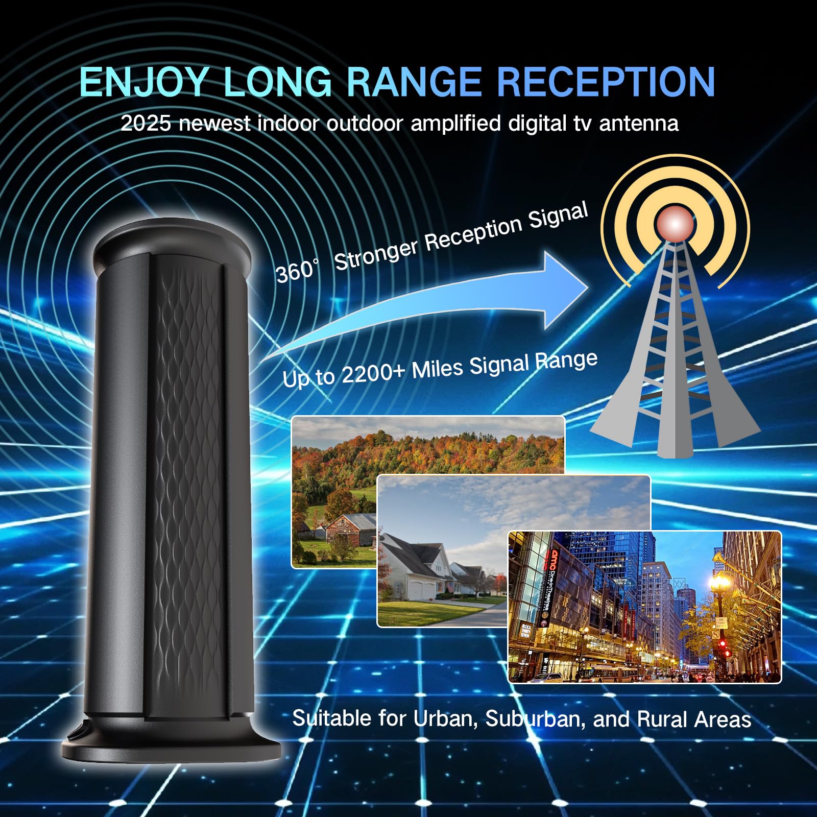 Antenne TV améliorée 2025 jusqu'à 2 800 km, meilleure antenne numérique pour Smart TV intérieur/extérieur 4K, antenne HDTV amplifiée longue portée avec amplificateur de signal/câble Thic (11 m)