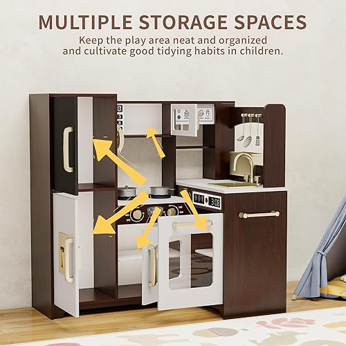 Miniatura 6 de Juego de cocina para niños con luces y sonidos, cocina de esquina de madera con fregadero, horno, máquina de hielo y accesorios de juego de