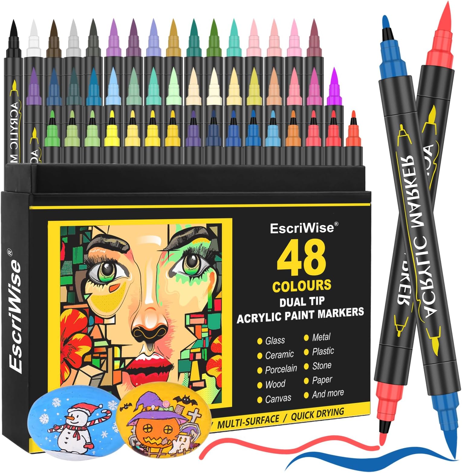 48 Colors Dual Tip Acrylic Paint Pens Set-Permanent Acrylic Paint Markers with Brush and Fine Tip, Water Based Art Paint Pens for Rock Painting Canvas Wood Fabric Glass DIY Craft