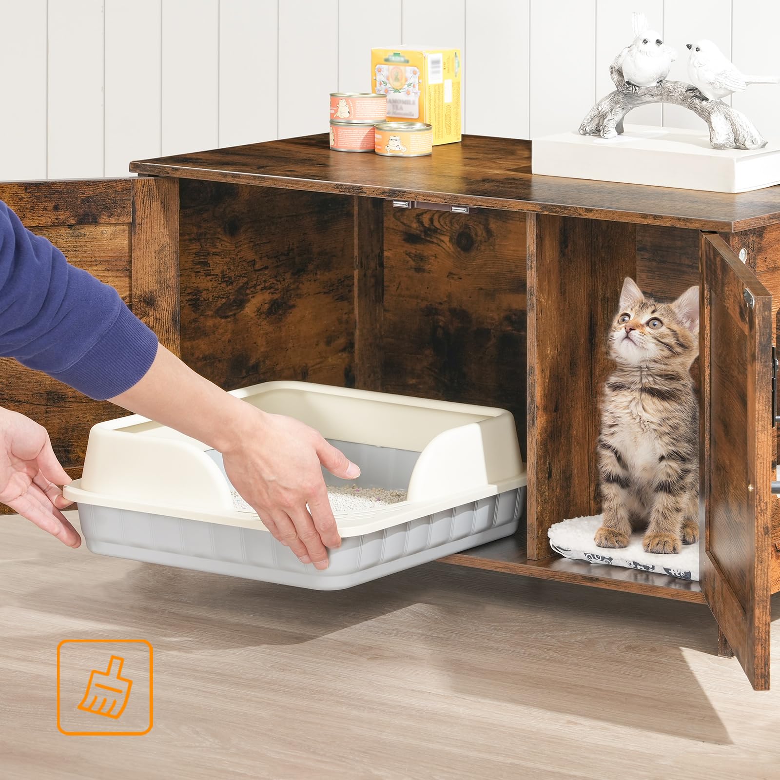 HOOBRO Armadietto per Gatti, Litter Box, con Sportello e Divisore, Spazioso, Struttura Robusta in Legno, Nido per Gatti, Corridoio, Marrone Vintage EBF03MW01G1
