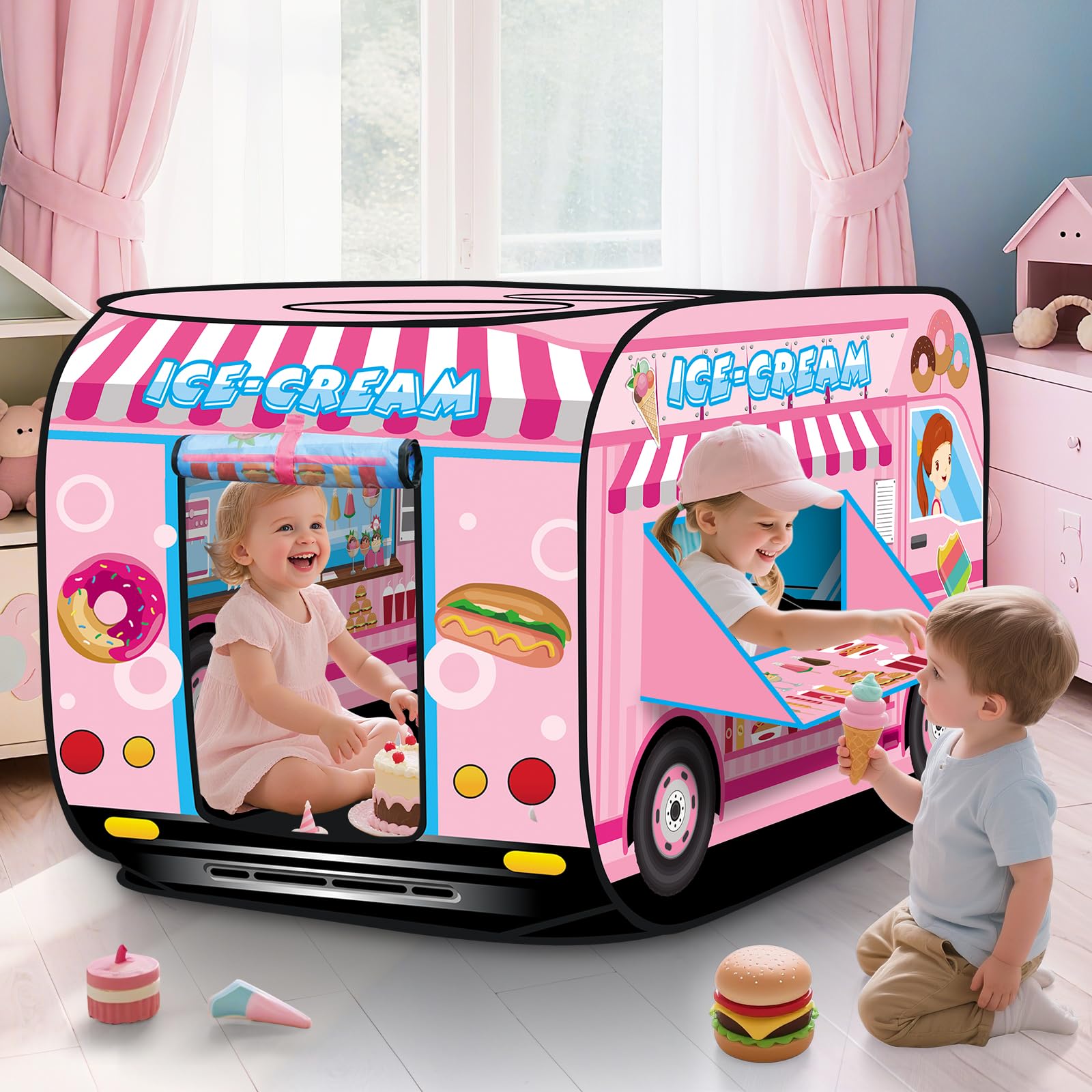 deAO Casita de Juegos Carpa Infantil Tienda con Diseño Pop Up Auto Armable Montaje Rápido Actividades Recreativas al Interior Exterior Área de Recreo (Heladería, Camión de los Helados)