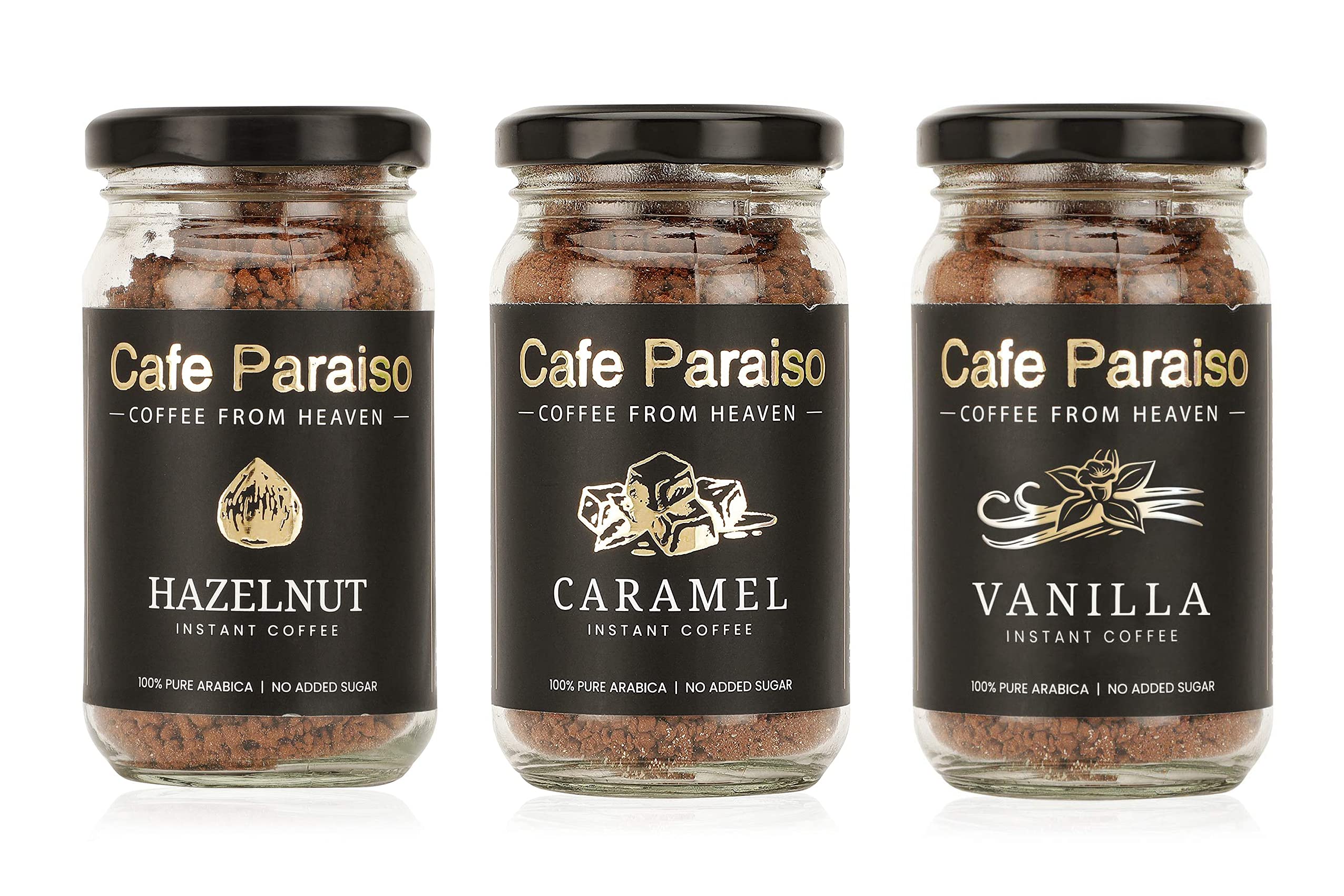 Cafe Paraiso Hazelnut Caramel Vanilla Flavors Pack of 3-60g each medium roasted agglomerated