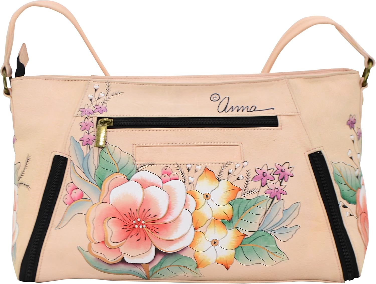 Anna by Anuschka Women's Genuine Leather Wide Cross Body Satchel - Hand Painted Original Artwork - Zip-Top Organizer