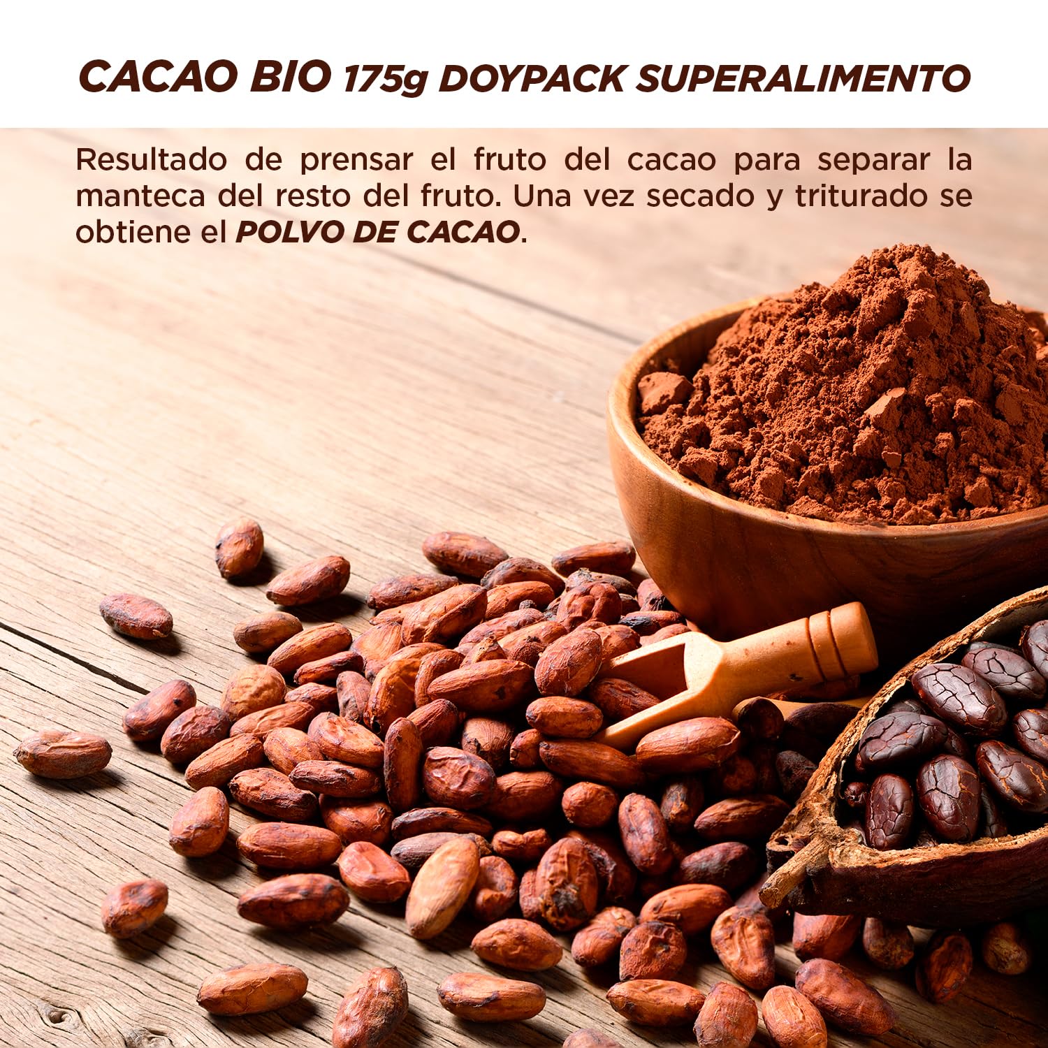 DRASANVI SUPERALIMENTO CACAO CERTIFICADO BIO - Sin abonos ni pesticidas, obtenido en procesos respetuosos con el medioambiente - VEGANO - SIN GLUTEN - 175g