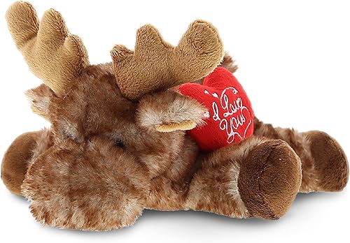 DolliBu I Love You - Peluche de alce mentiroso marrón, lindo animal de peluche con corazón y con nombre personalizado para San Valentín,