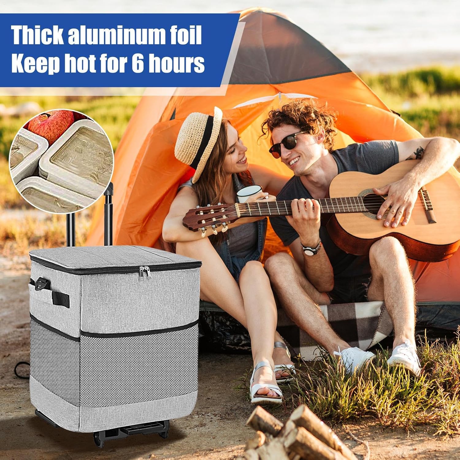 ホイール付きのクーラー、折りたたみ可能な断熱旅行カート、37.6x13.78x11.02インチ、ピクニック、ビーチ、キャンプ、パーテ