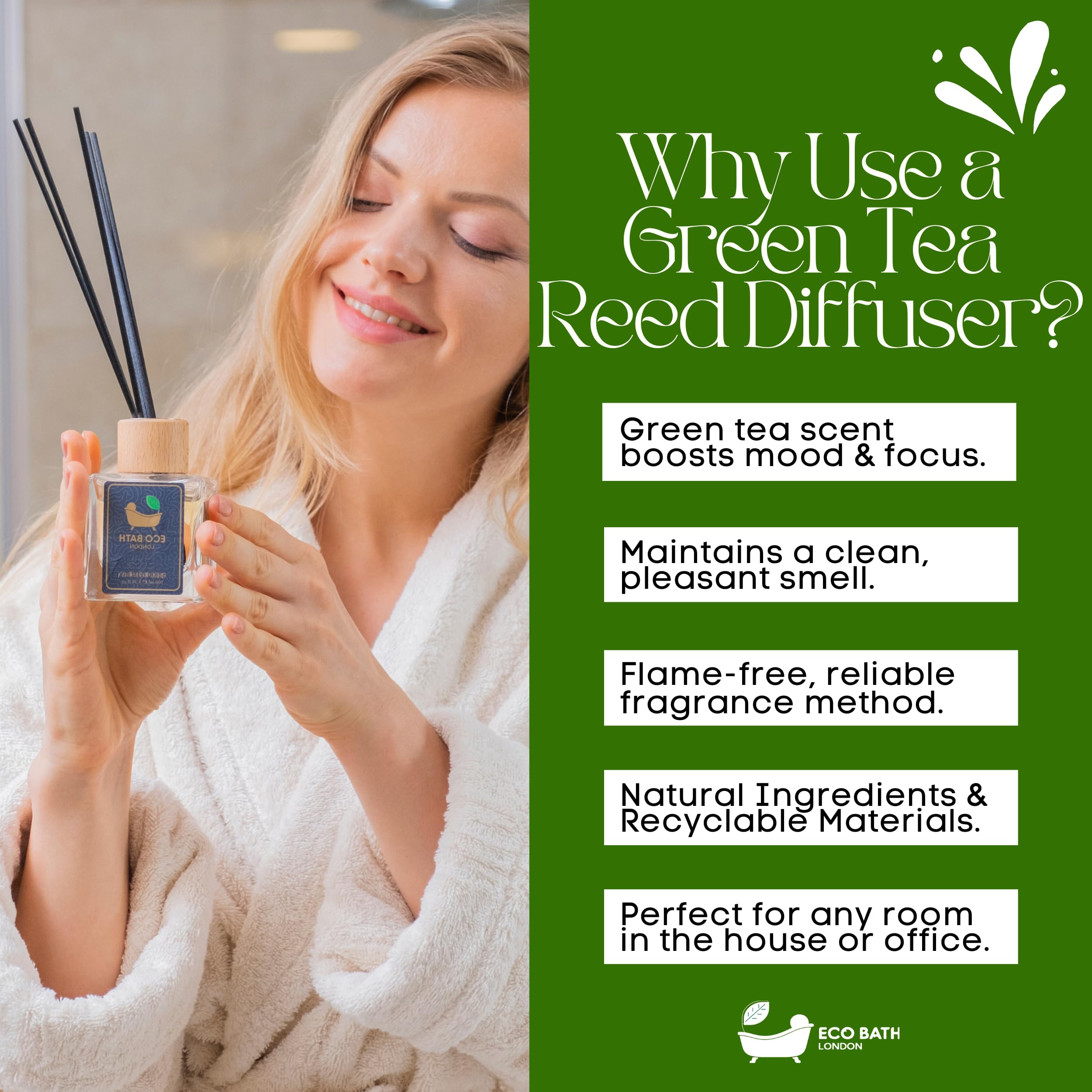 Eco Bath London Reed Diffuser Collection - Long-Lasting Home Fragrance with Natural Essential Oils | Elegant Room Decor & Multiple Scents | Non-Toxic & Eco-Friendly (Green Tea)