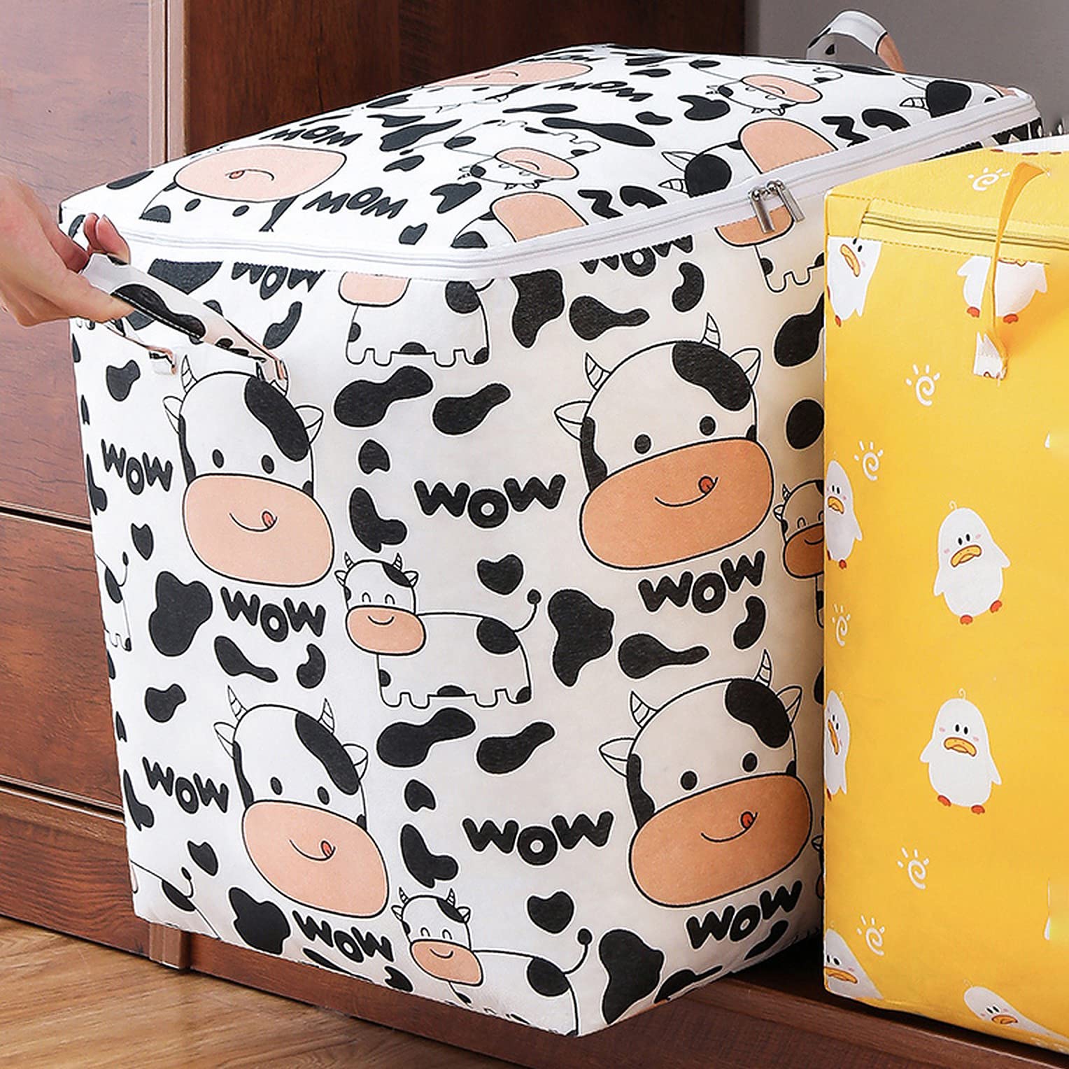 wolpin Fabric Quilt Storage Bag Large Foldable With Zip Closer & Handle Moisture-Proof Waterproof Clothes Blankets Storage Organiser Cows - 100 Litres, White
