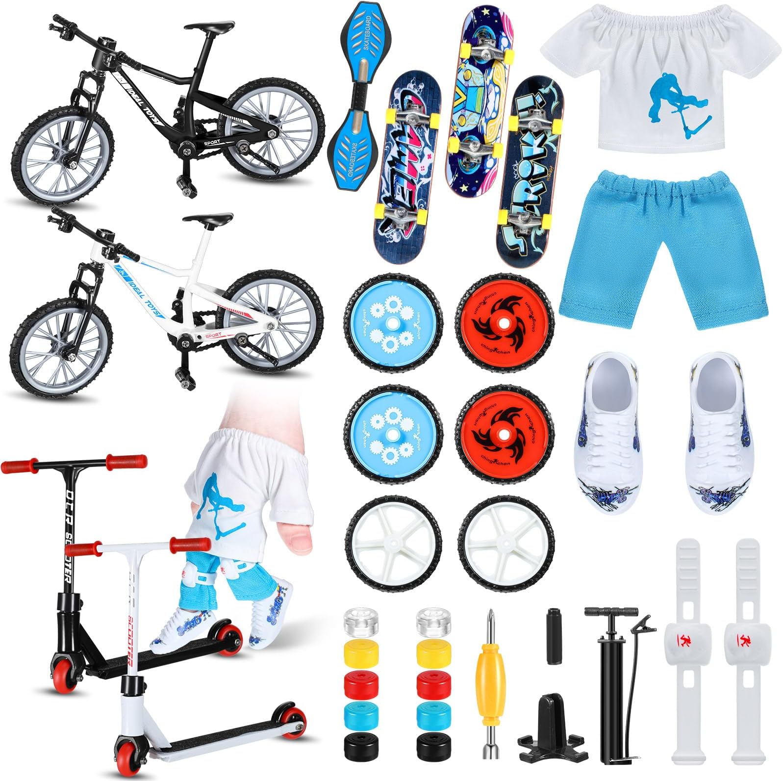 35 Pcs Mini Finger Toy Set, Finger Scooter, Finger Skateboards, Finger Shoes, Mini Finger Bikes, Finger Tops, Finger Pants, Finger Knee Pads, Tiny Swing Board, Mini Bike Wheels Toys for Party Favors
