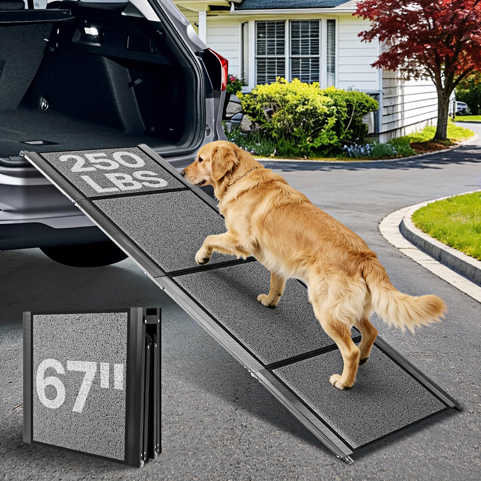 Healifty Hunderampe Auto Klappbar, Hunderampe, Zusammenklappbare Hundetreppe, Montage in 5s, Leichtem Aluminiumrahmen & Rutschfester Oberfläche, Rampe Hund für 110kg Große Hunde SUV & LKW (170x45CM)
