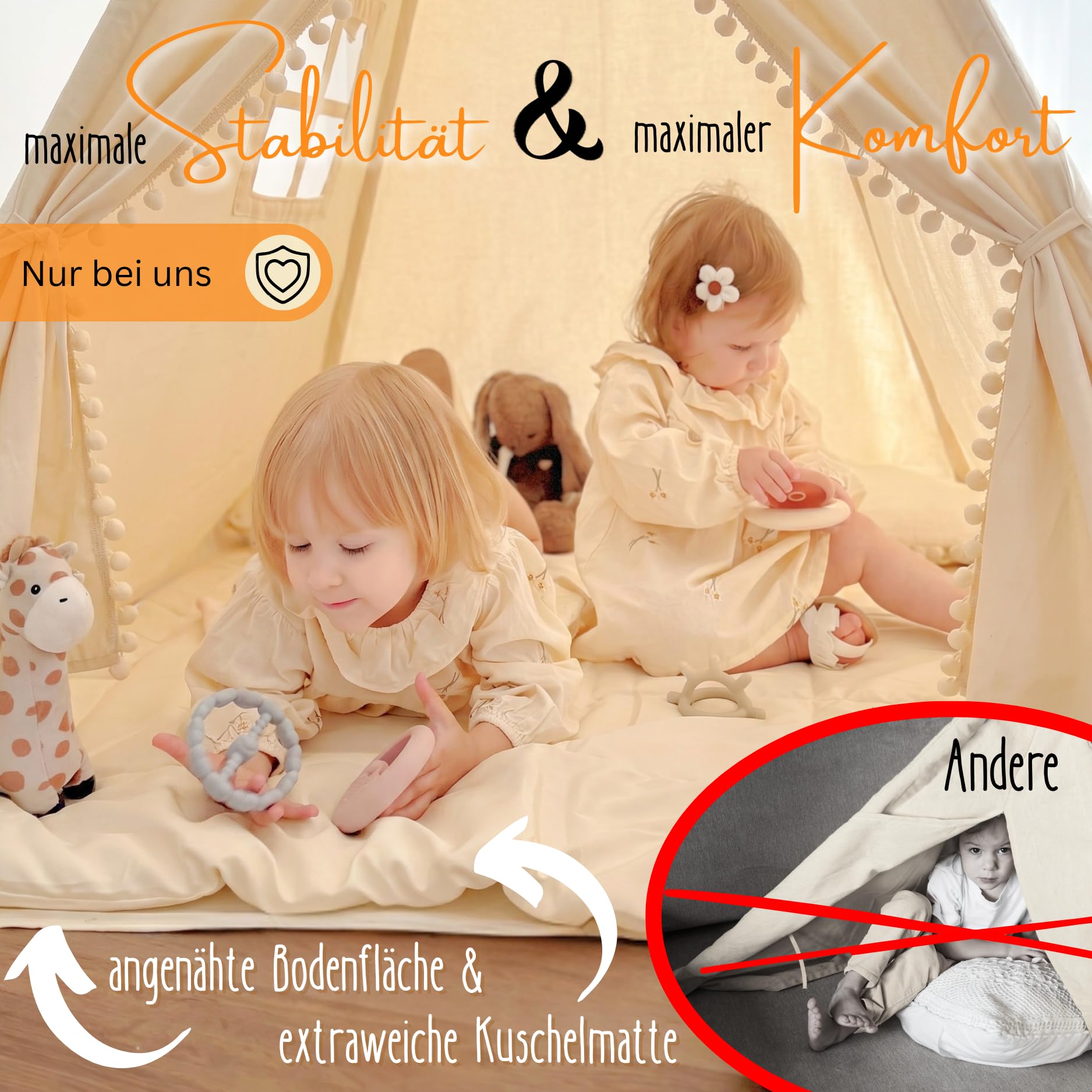 LIONHERZ® DAS ORIGINAL Tipi Zelt Kinder 100% Baumwolle | Kinderzelt Indoor | Tippi inkl. Matte, Stabilisator & Federdeko | atmungsaktiv | Kinderzimmer für Mädchen & Jungen