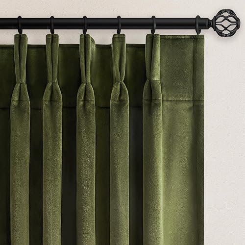 Velvet Blackout Curtains 112 Inches Long,Pinch Pleated Drapes,Forest Green