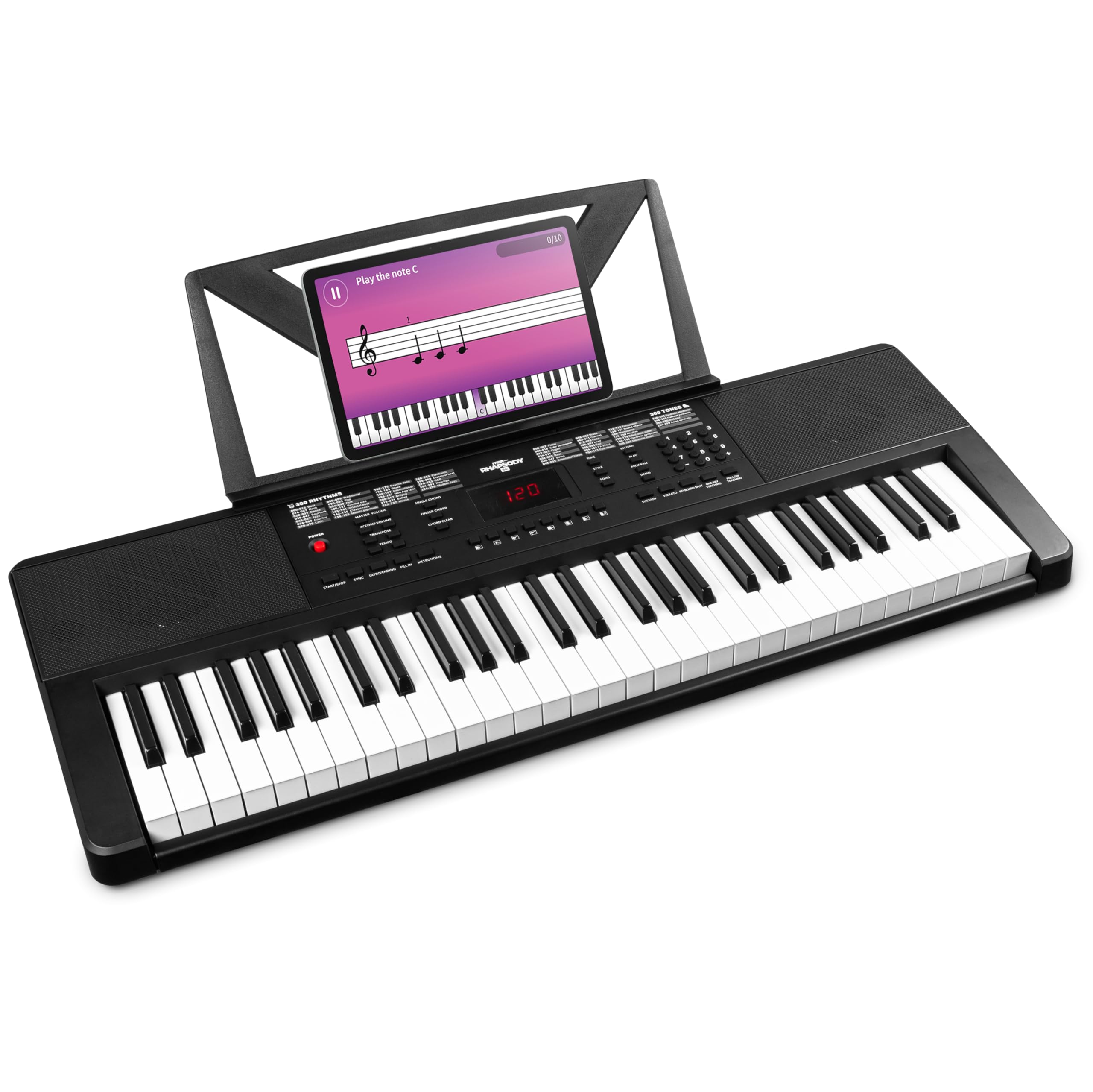 MAX Rhapsody54 - Teclado piano con soporte de partituras para principiantes y avanzados, piano eléctrico de 54 teclas con altavoces, display, 50 canciones de demo, función de aprendizaje, 600 sonidos