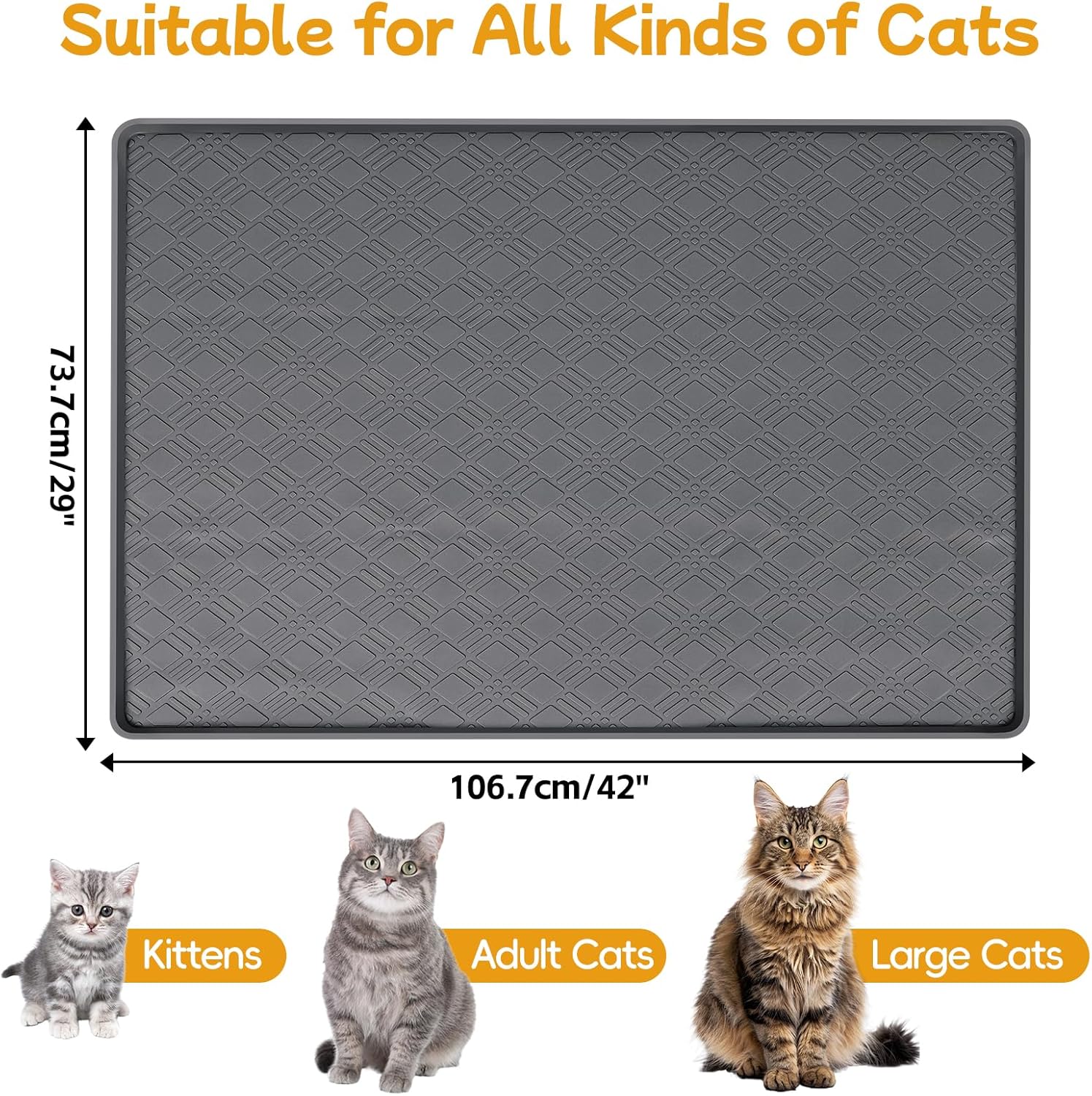 Lanstics Cat Food Mat, 42" x 29" Large Silicone Mat Cat Feeding Mat with Raised Edge Non-Slip Pet Feeding Mat for Food and Water Bowl, Easy to Clean, Floor Protection (Dark Gray)