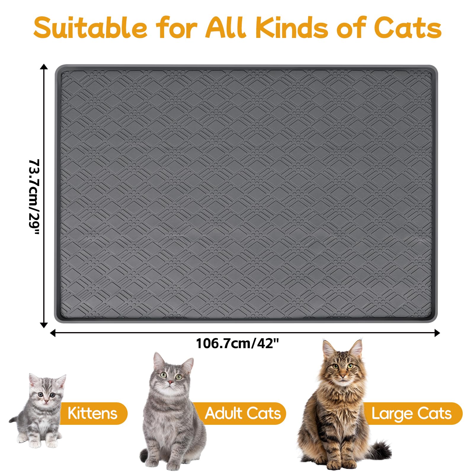 Katzenfuttermatte, 106,7 x 73,7 cm, große Silikonmatte, Katzenfuttermatte mit erhöhtem Rand, rutschfeste Futtermatte für Futter- und Wassernapf, leicht zu reinigen, Bodenschutz (Dunkelgrau)