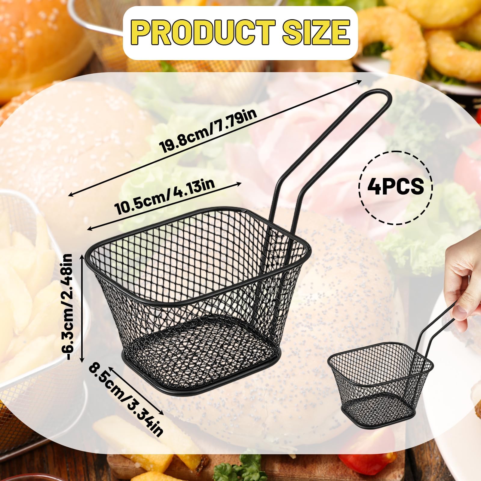 4 cestini per patatine, in acciaio inox, colore nero, ideali per friggere e servire patatine fritte e snack, durevoli e versatili