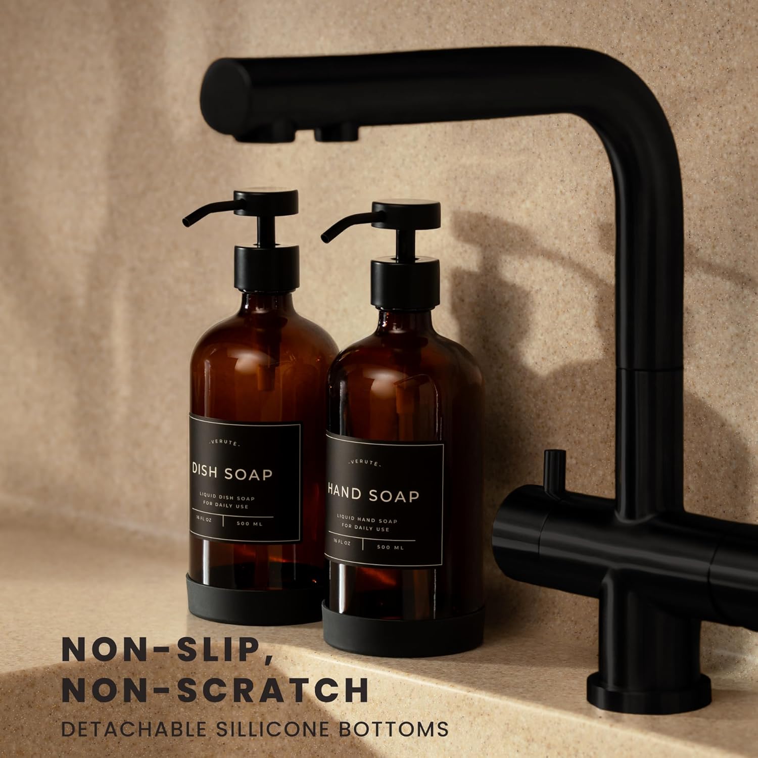 Hand and Dish Soap Dispenser for Kitchen and Bathroom, Set of 2 16 Oz Glass Bottles, Stainless Steel Pumps, Non-Slip Silicone Base, 27 Waterproof Labels (Amber Bottle/Black Pump) - Image 2