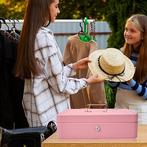 Miniatura 4 de Caja de dinero de metal con bandeja y cerradura de llave, cajas de efectivo con bloqueo escalonado, caja de seguridad duradera con llave, 4 billetes