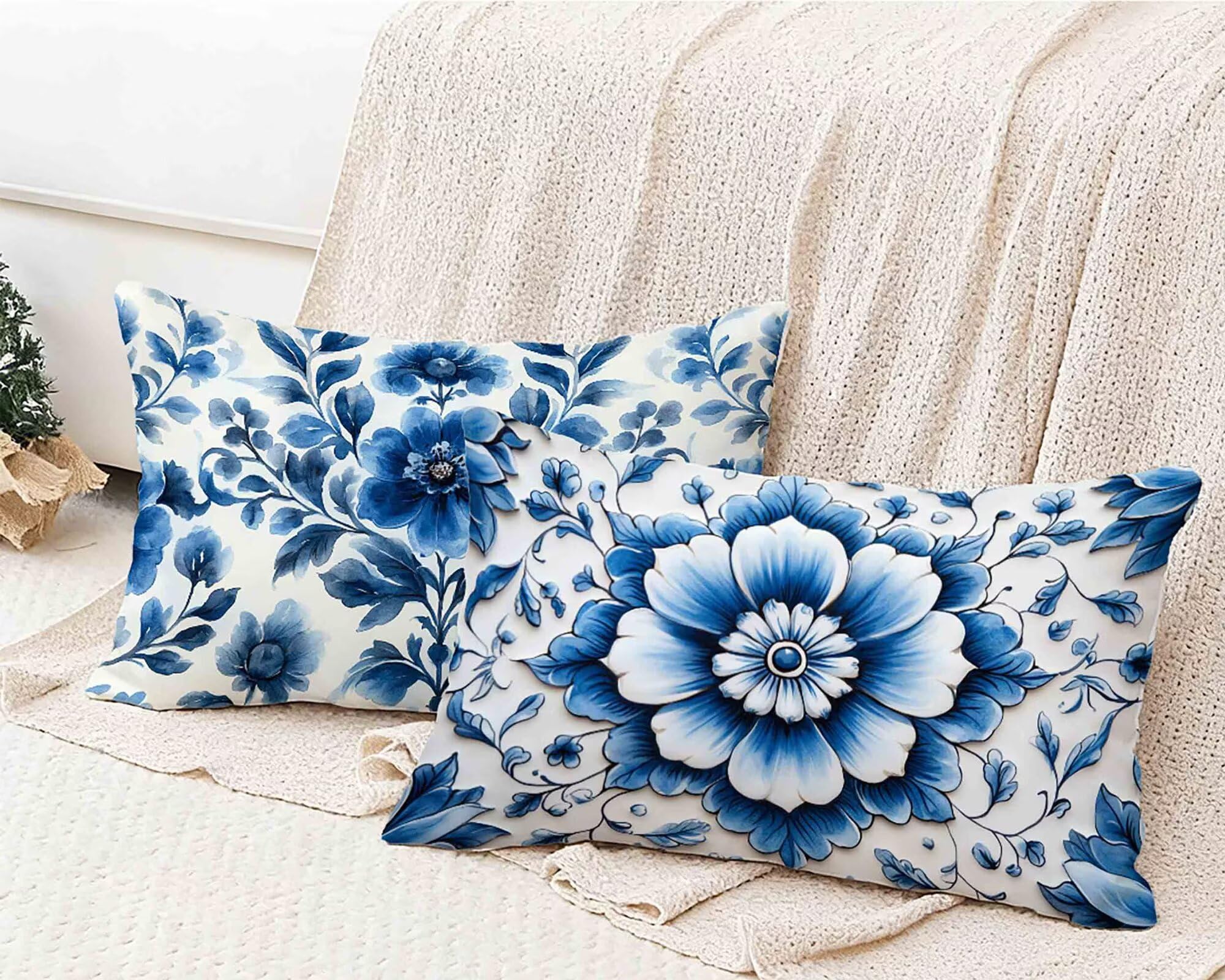 Kissenbezug Blau Kissenbezug 70x90cm 2er Set, Kopfkissen Muster Kopfkissenbezug Wasserdicht Leinen Design Kissenbezüge Herbstdeko mit Verstecktem Reißverschluss für Deko Schlafzimmer -lsy25012G2