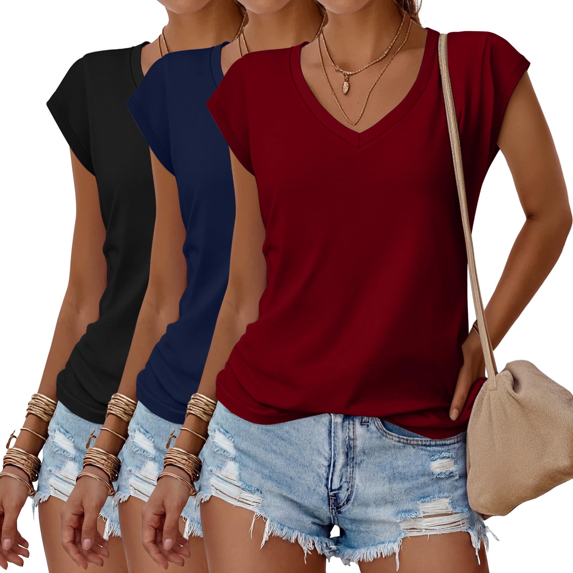 Huukeay 3 Pack Women's V Neck Short Sleeve Shirts | Soft but Sturdy Fabric, Roomy Drapey Fit, Cap Sleeve, Casual Summer Wear, Year-Round Wearable Style