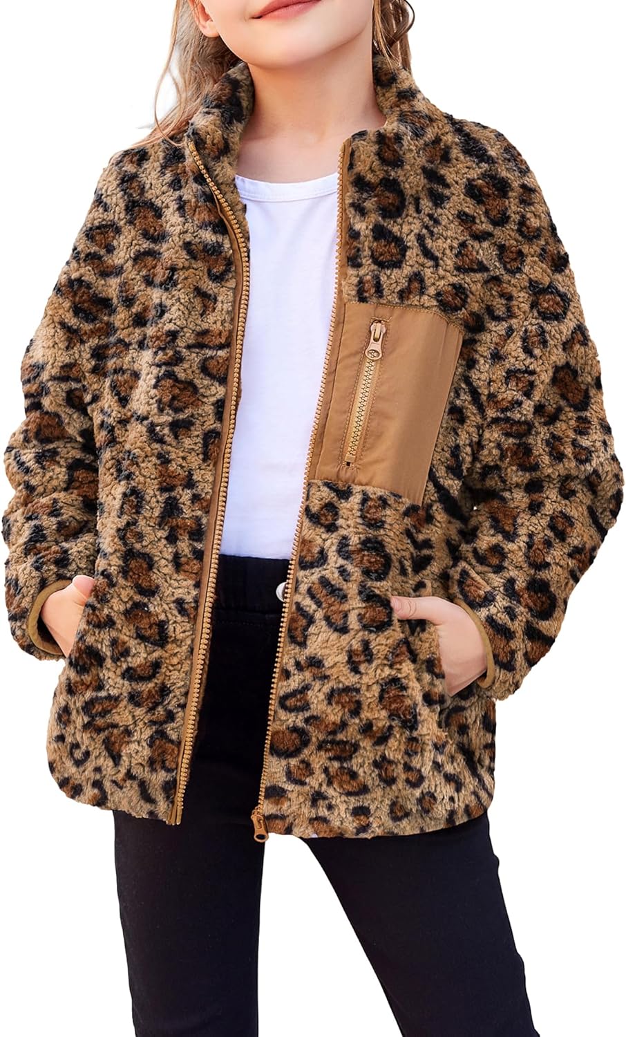 Arshiner Girls Fleece Jacket Sherpa Fall Winter Full Zip Fuzzy Coat Outwear with Pockets