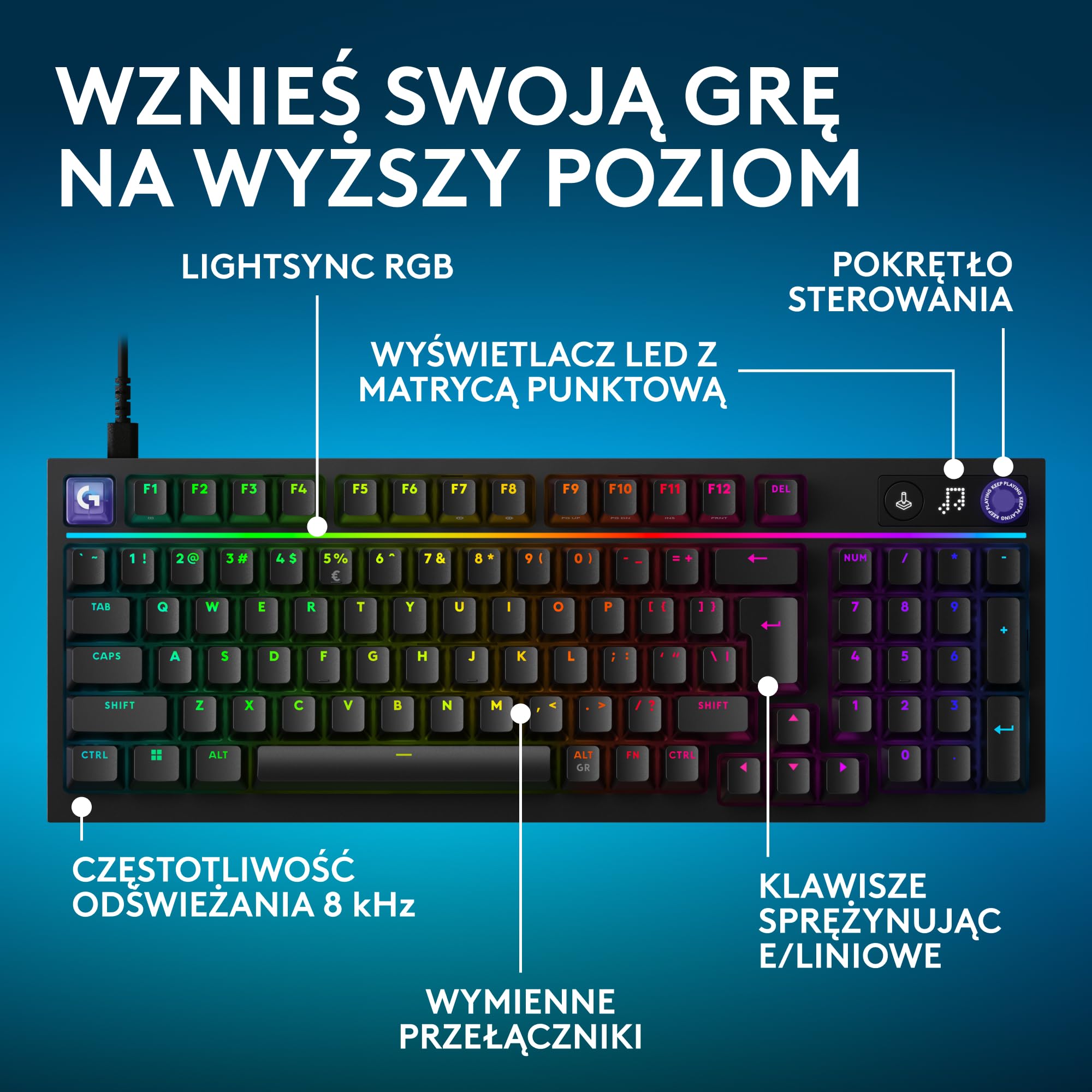 Logitech G G316 X 98, klawiatura do gier, 8 kHz,wymienne sprężynujące przełączniki,konstrukcja uszczelkowa,LED matrycowy & pokrętło,podwójne klawisze PBT,USB-C,RGB LIGHTSYNC,PC, US INT'L QWERTY-Czarny