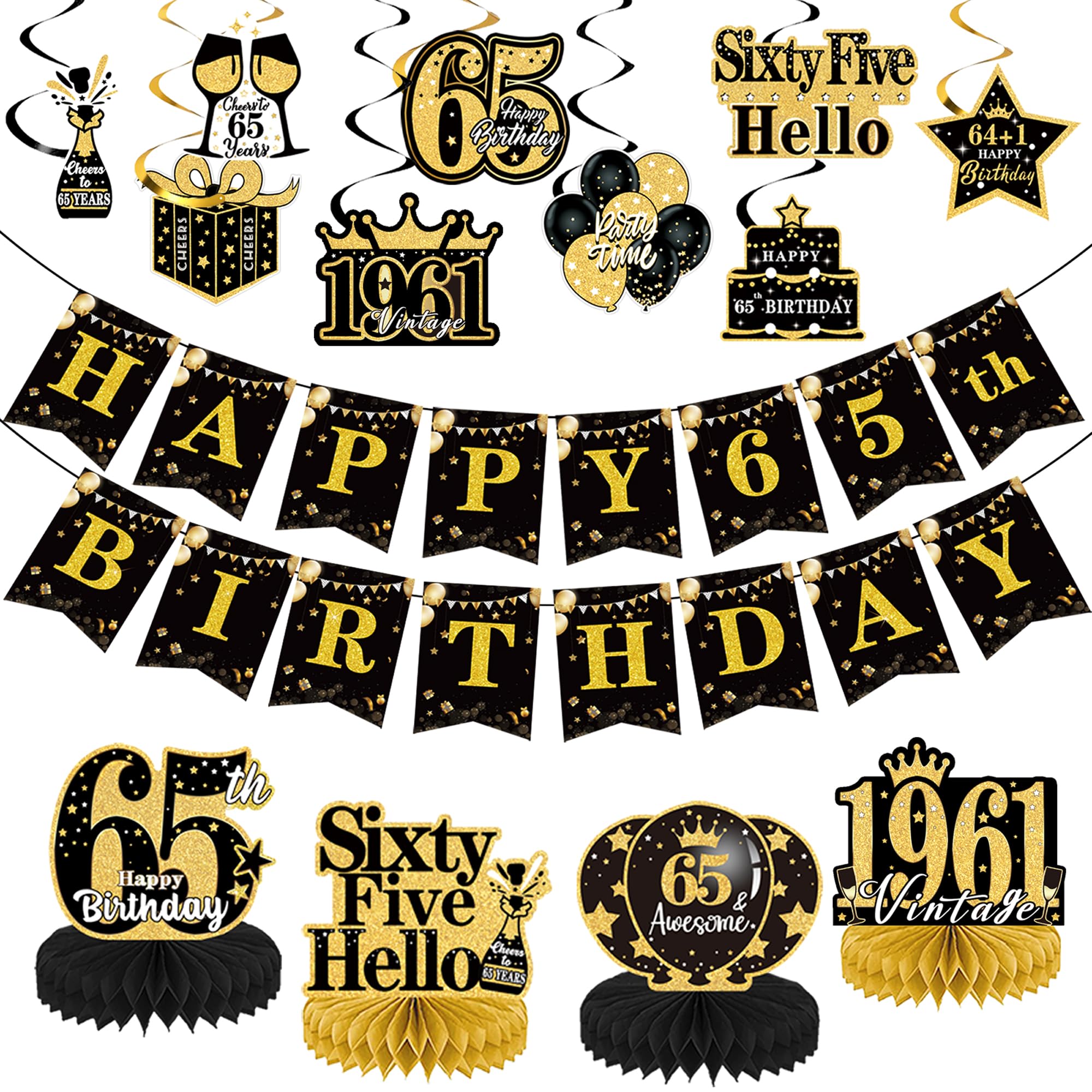 65th Birthday Decoration Honeycomb Set - 15 Pcs Black Gold Hanging Swirl Beehive Table Decor Banners For Men Women Retro 65th Party Anniversary Decoration Supplies