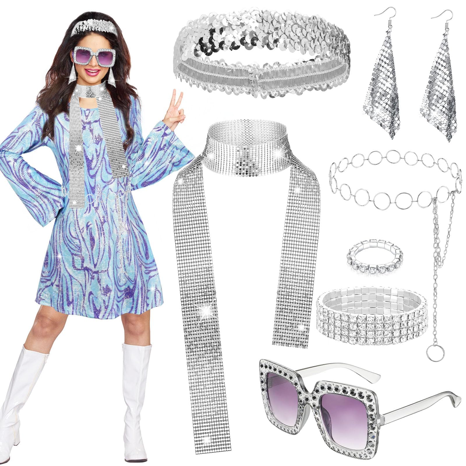 UxClishe 7 Pcs 1970s Disco Costume Set for Women, 70s Shine Disco Fancy Dress Accessories Set with Sequin Skirt Glasses Scarf Earring Headband Prom Dancing Outfit for Retro Party Supplies
