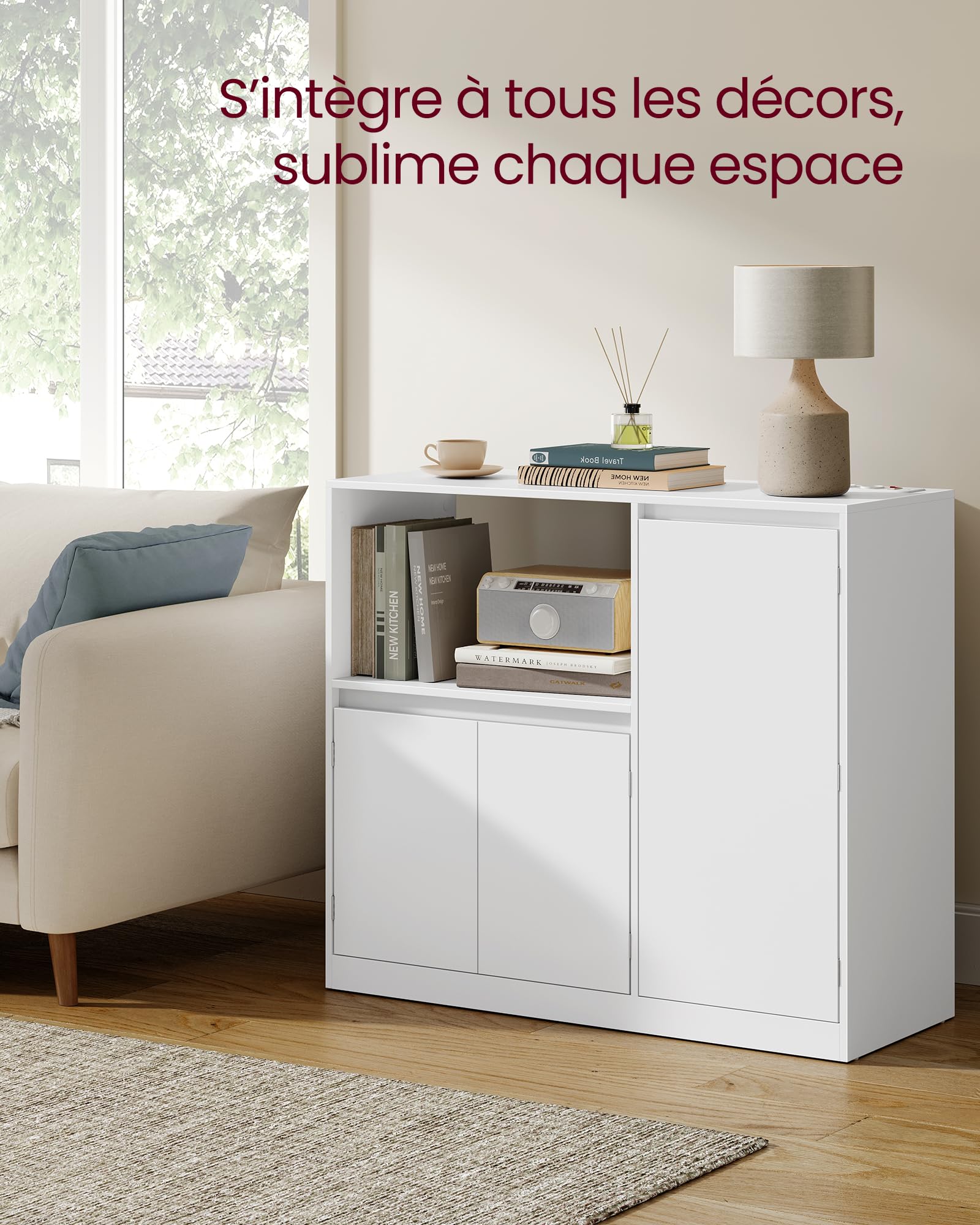 VASAGLE KAILYN Collection - Buffet Cuisine, Meuble de Rangement, Vaisseliers, avec Plan de Travail, Étagère pour Micro-onde, 1 Compartiment Ouvert, 3 Portes, Étagères Réglables, Blanc Nuage BBK373WB01