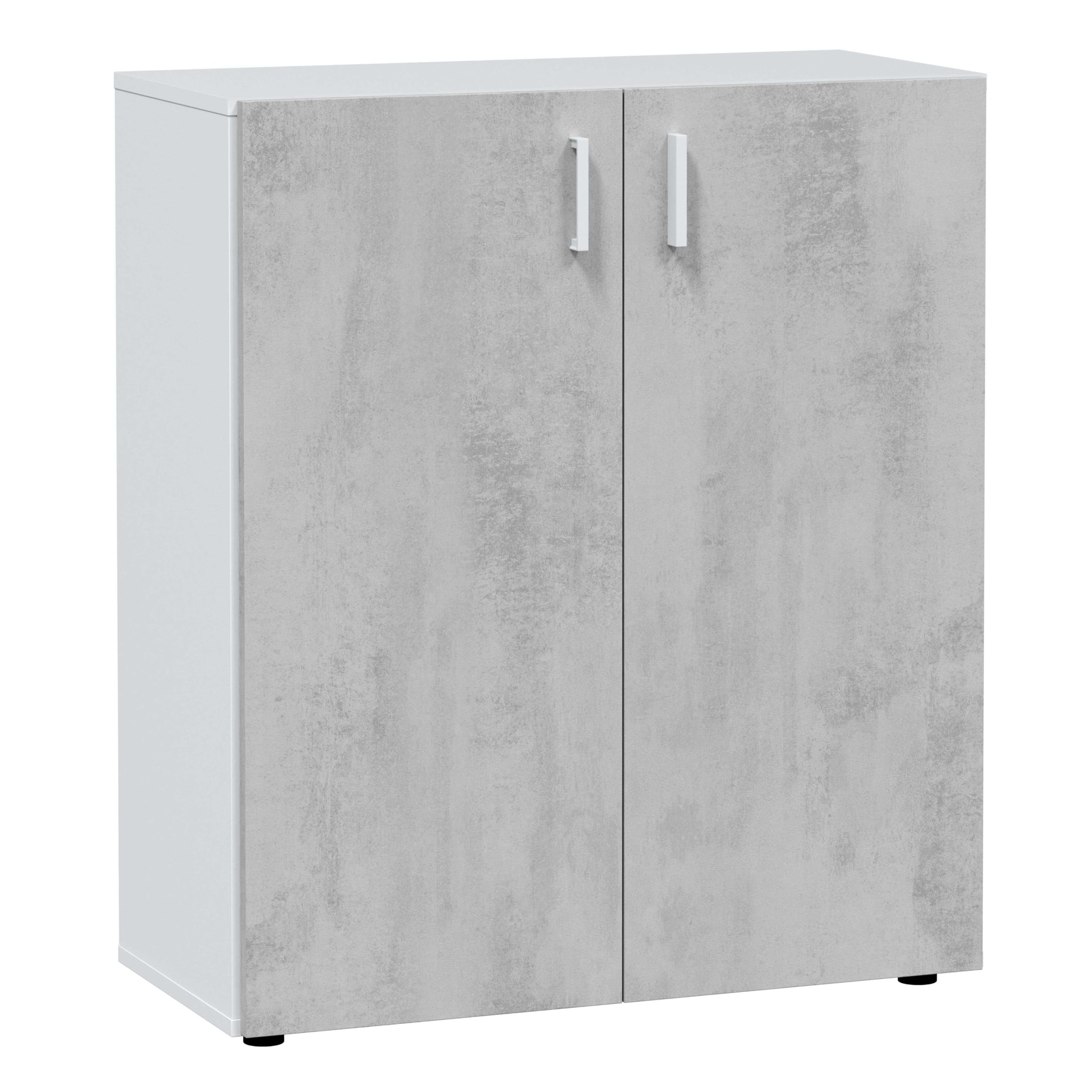 Habitdesign Armadio multiuso basso, portaoggetti a 2 porte, finitura in bianco Artik e cemento, dimensioni: 80 cm (larghezza) x 92 cm (altezza) x 37 cm (profondità)