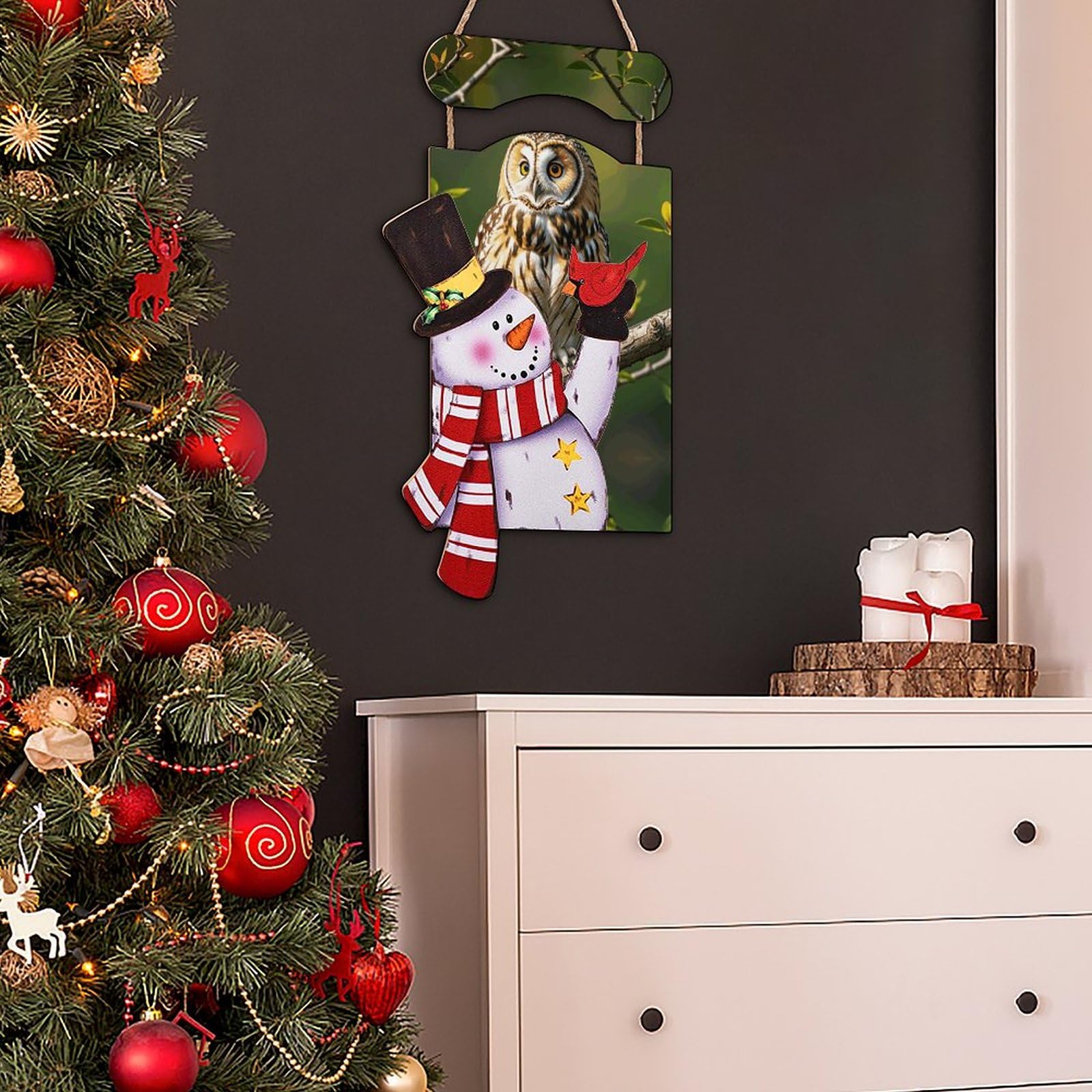 VFKLT Decorazione da parete con pupazzo di neve di Natale, immagine in legno da appendere, decorazioni invernali, dipinti di gufo, rami di albero stampati, pittura decorativa natalizia decorazione da