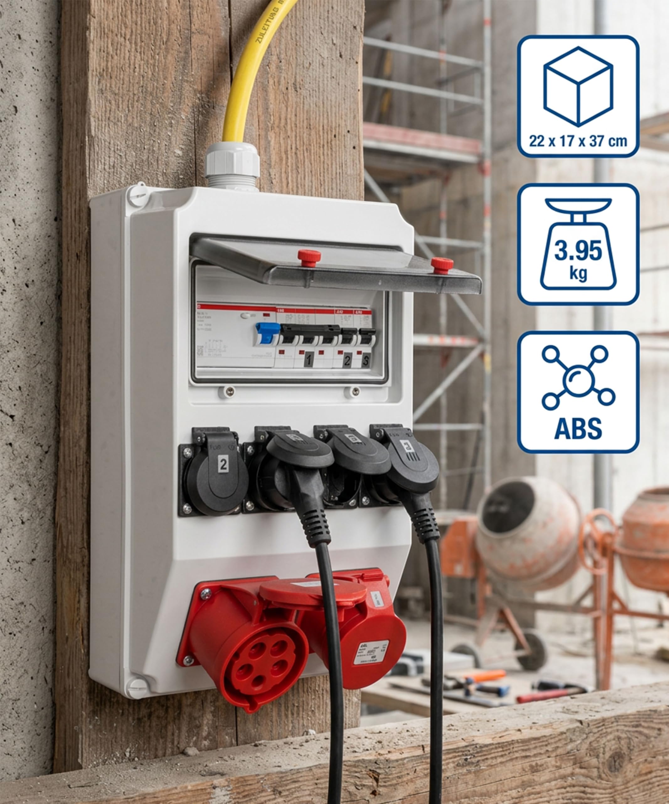 JÄGER Votha Wolfsburg - Distribuidor de pared, caja de distribución de pared (montaje en superficie, con cable ABB FI & LS, 2 x CEE 16 A/32 A 400 V, 4 x enchufes de 16 A 230 V, VOTHA Wolfsburg