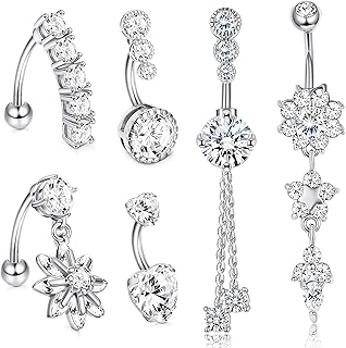 14G Anelli per Ombelico in Acciaio Chirurgico per Donna Clear CZ Fiore Ciondola Anelli per Ombelico Reverse Curved Barbell Body Piercing Jewelry 6 Pezzi