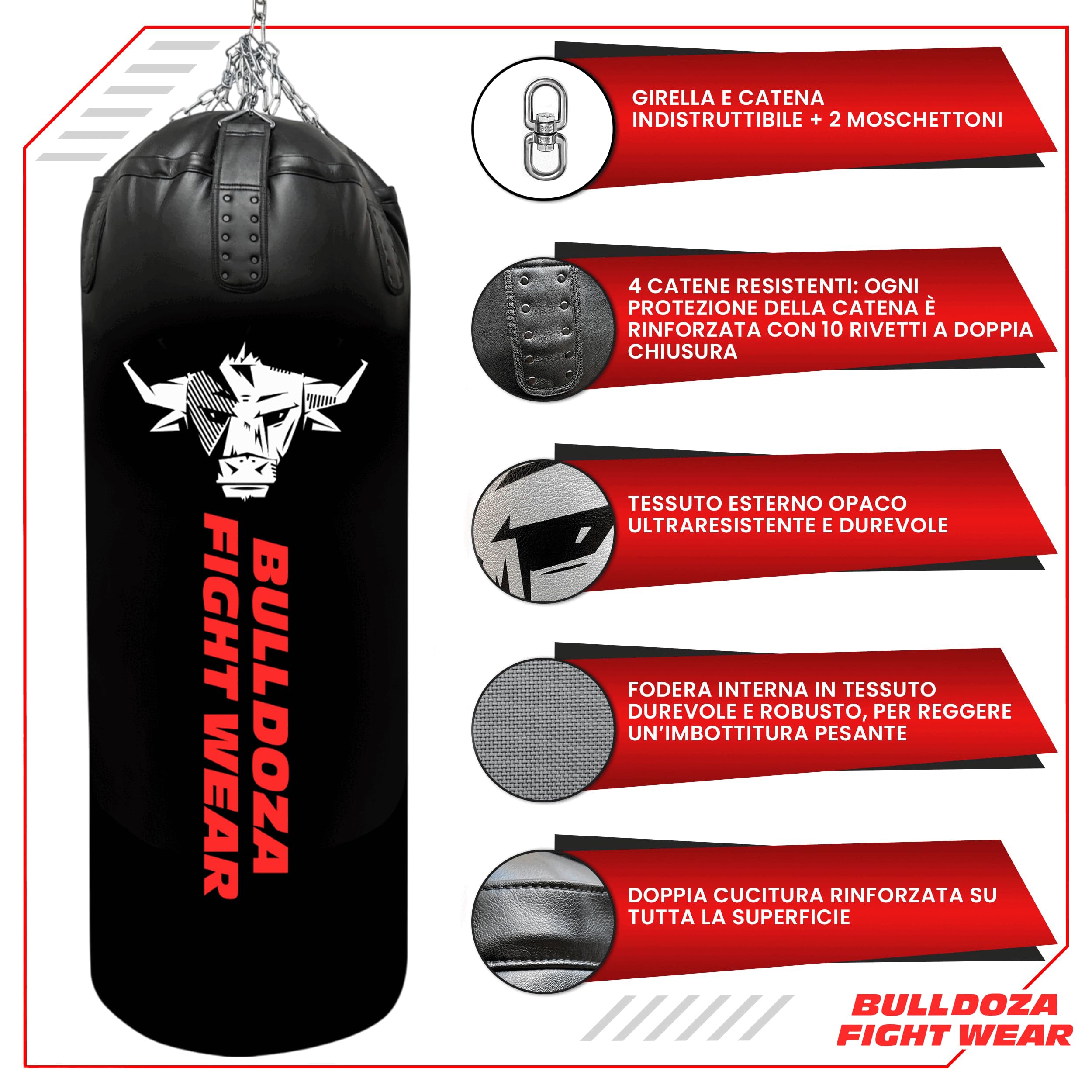 Sacco da boxe XL Tank Bull Doza Fight Wear, sacco da boxe con catene appese, girevole, moschettoni, sacco da boxe
