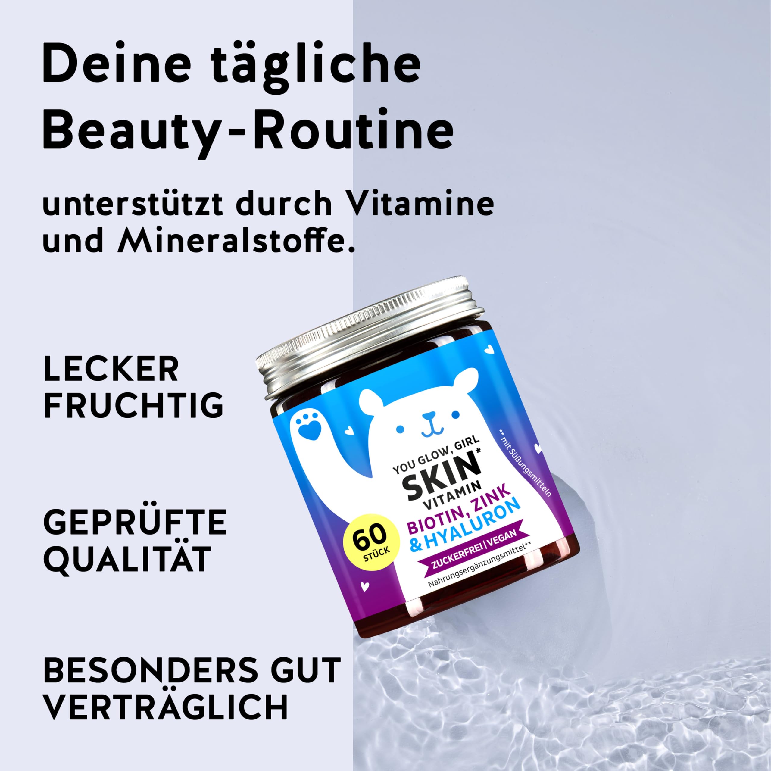 You Glow Girl Skin Vitamin Gummibärchen - mit 100mg Hyaluronsäure, Vitamin C, Zink, Biotin - 60 Stück – Zuckerfrei, Vegan – Bears with Benefits