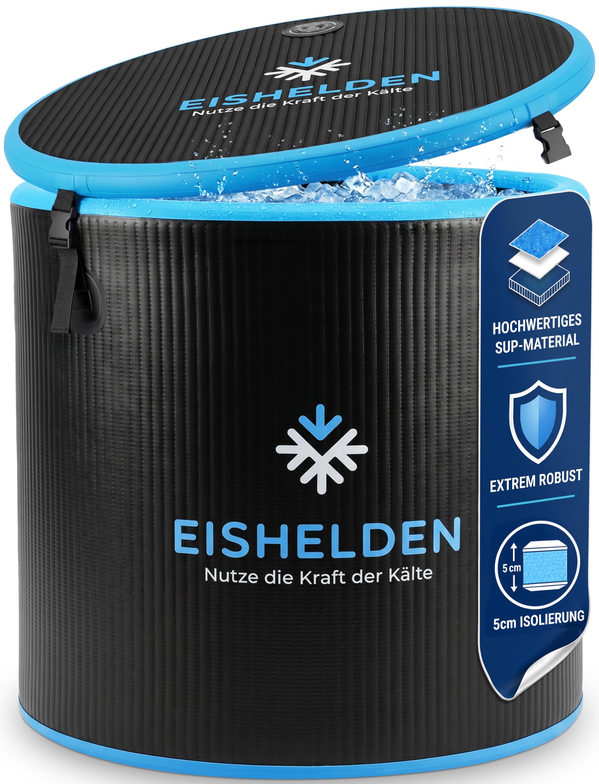 Eisbad Pro Modell (90 cm Ø) Komplettset - Kryotherapie für Sportler & Profis, erleben Sie die regenerative Kälte zu Hause - Eistonne mit 5 cm dicken Isolierschicht