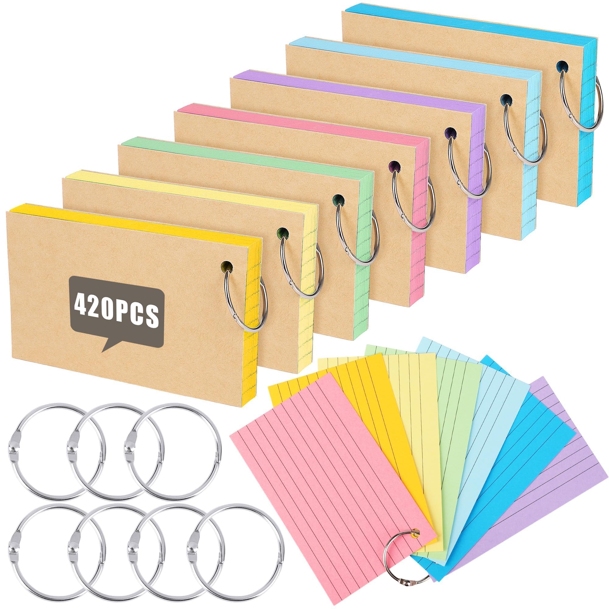 Flash Cards 420 Pcs Revision Study Cards 3x5 Inch Kraft Paper Multicolor Index Cards with 7 Metal Binder Ring Double Sided Flshcards Lined for Home School Learning Office Record