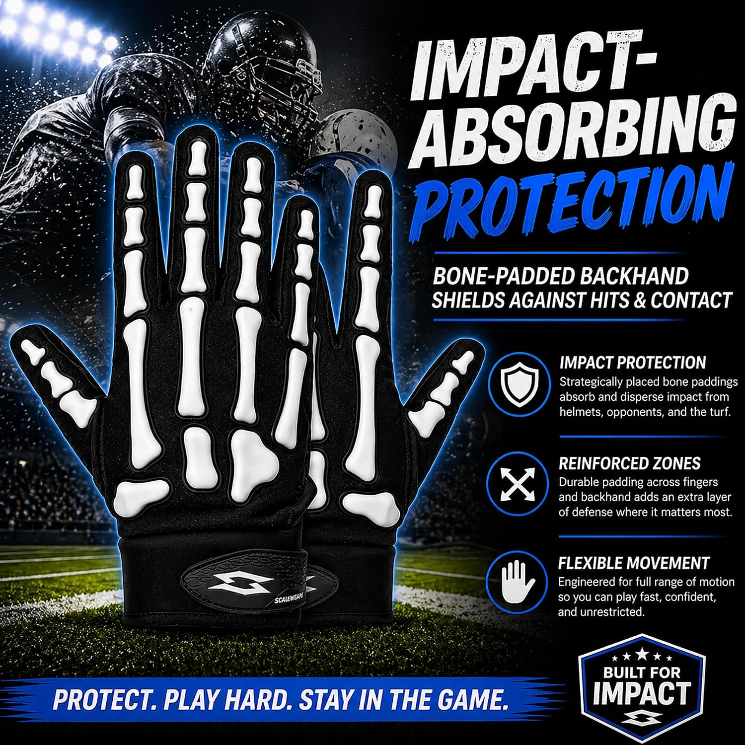 Bone-Padded Football Receiver Gloves, Ultra-Sticky Grip Palms, Battle Impact-Protection Backhand, Breathable Flexible Fit for Youth & Adult