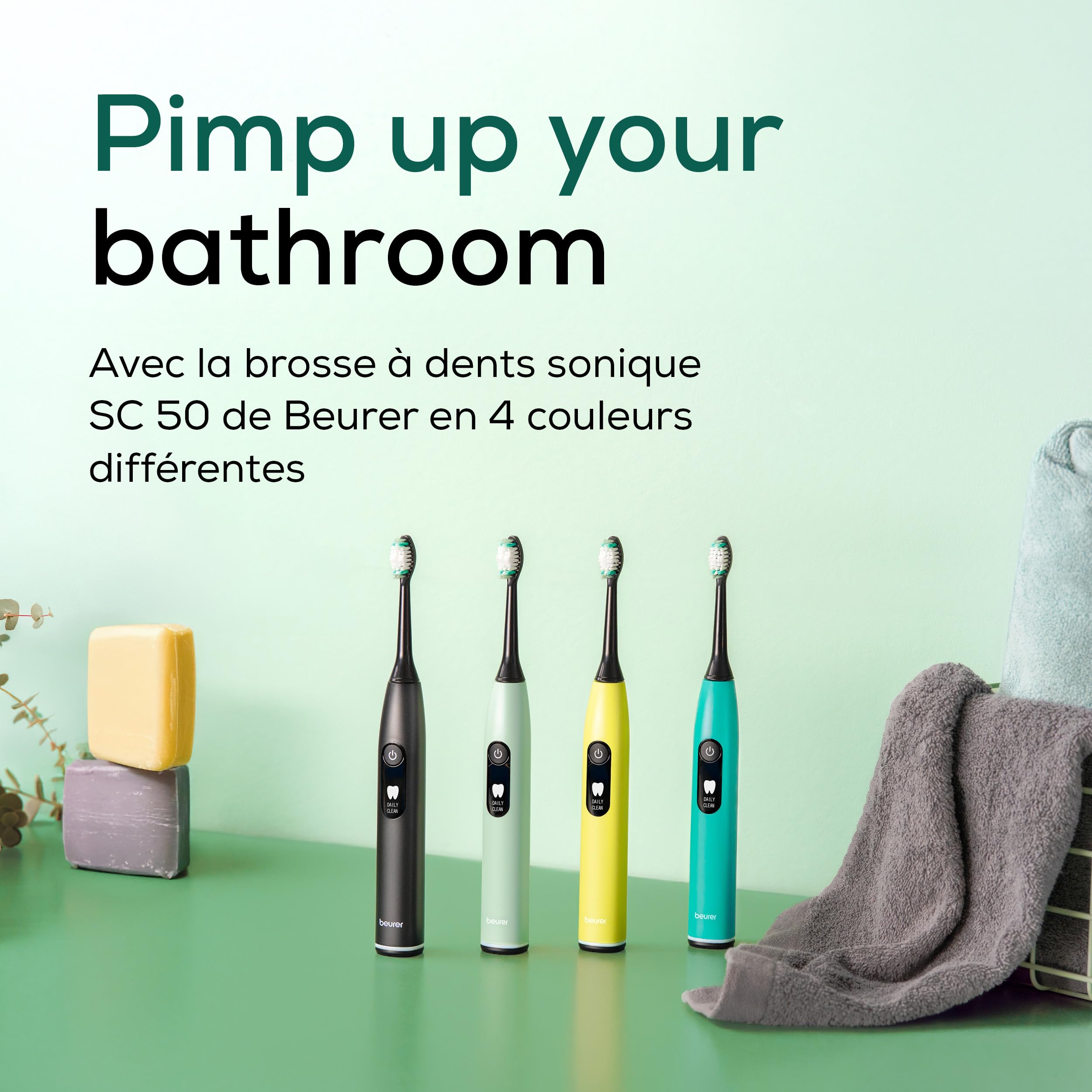 Beurer SC 50 Brosse à dents électrique sonique avec 5 modes de brossage et capteur de pression, 80 000 oscillations, écran avec indicateur de temps de brossage, 2 brossettes, boîtier 100% recyclé
