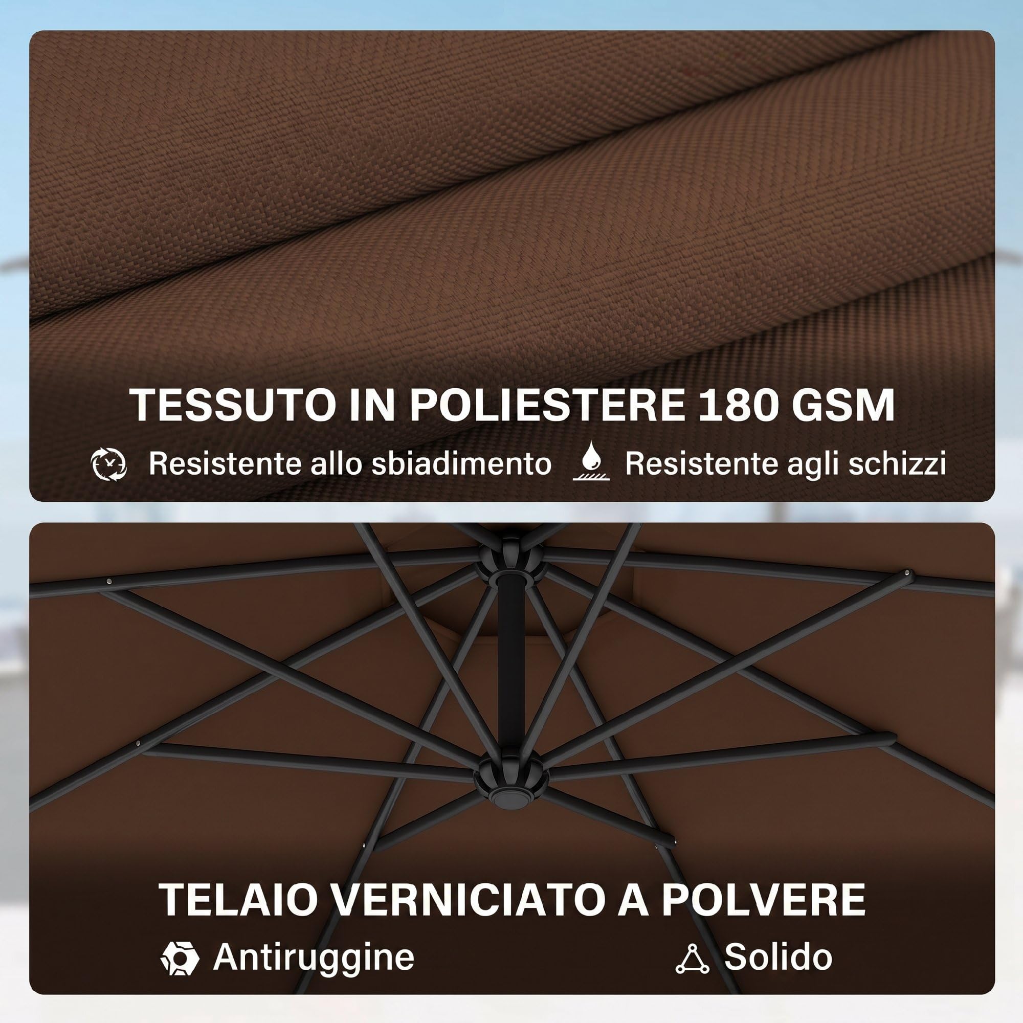 Outsunny Ombrellone da Giardino 3x3m con Tettuccio Regolabile, Base a Croce, Prese d'Aria, Manovella, Ombrellone Decentrato Inclinabile in Acciaio e Poliestere, per Cortile Terrazza, Marrone