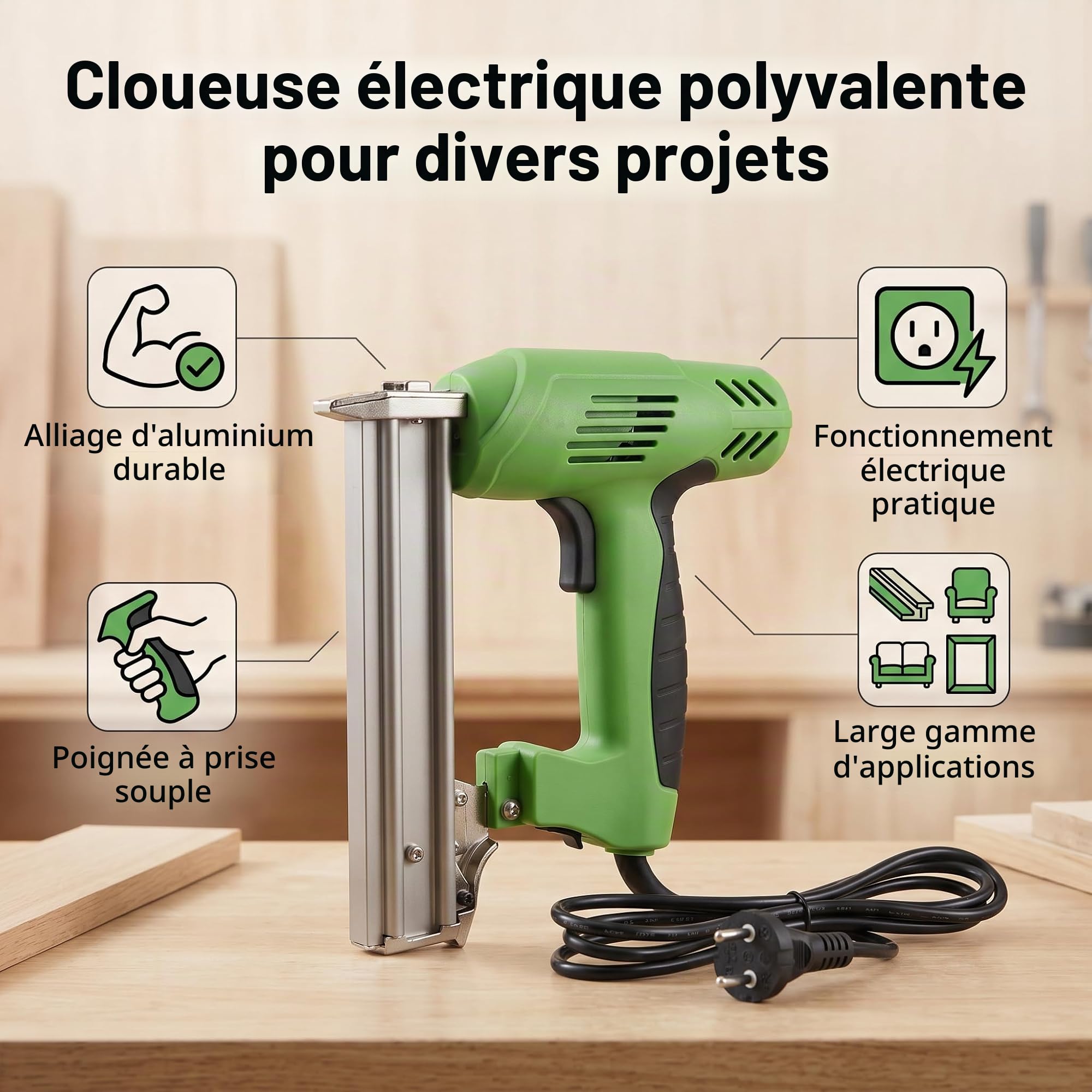 Pistolet à Clous Électrique Filaire 1800W Léger en Alliage d'Aluminium, Capacité 100 Clous (Long. 30mm) pour la Fabrication de Meubles en Bois et le Bricolage Intensif