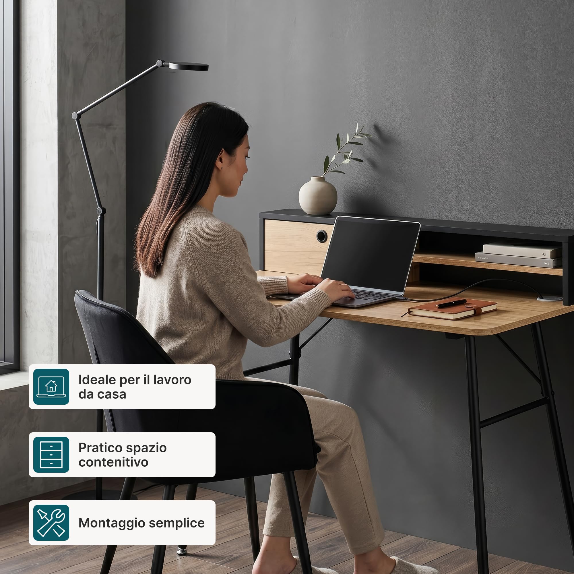 [en.casa] Scrivania con Organizzatore 93x90x50 cm Nero/Effetto Rovere